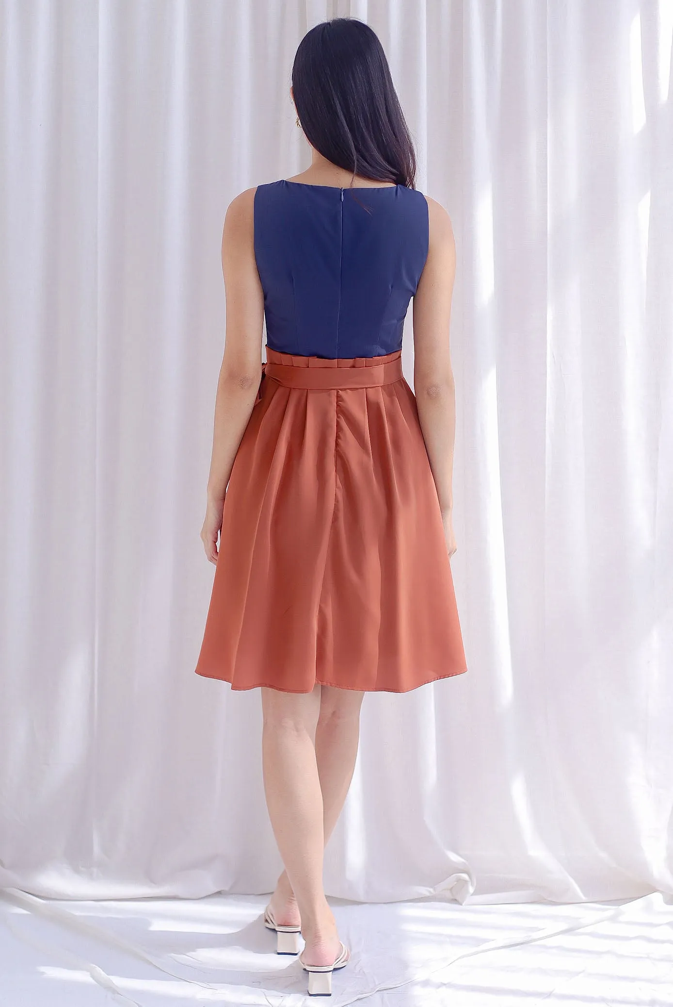 Granger Colourblock Paperbag Skater Dress In Navy/Rust