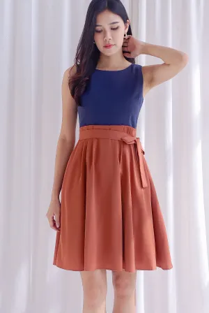 Granger Colourblock Paperbag Skater Dress In Navy/Rust