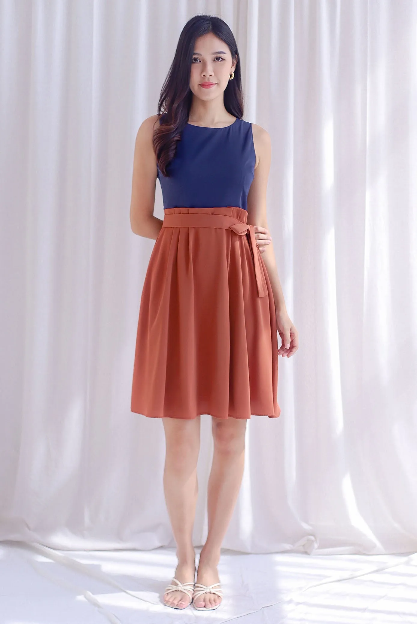 Granger Colourblock Paperbag Skater Dress In Navy/Rust
