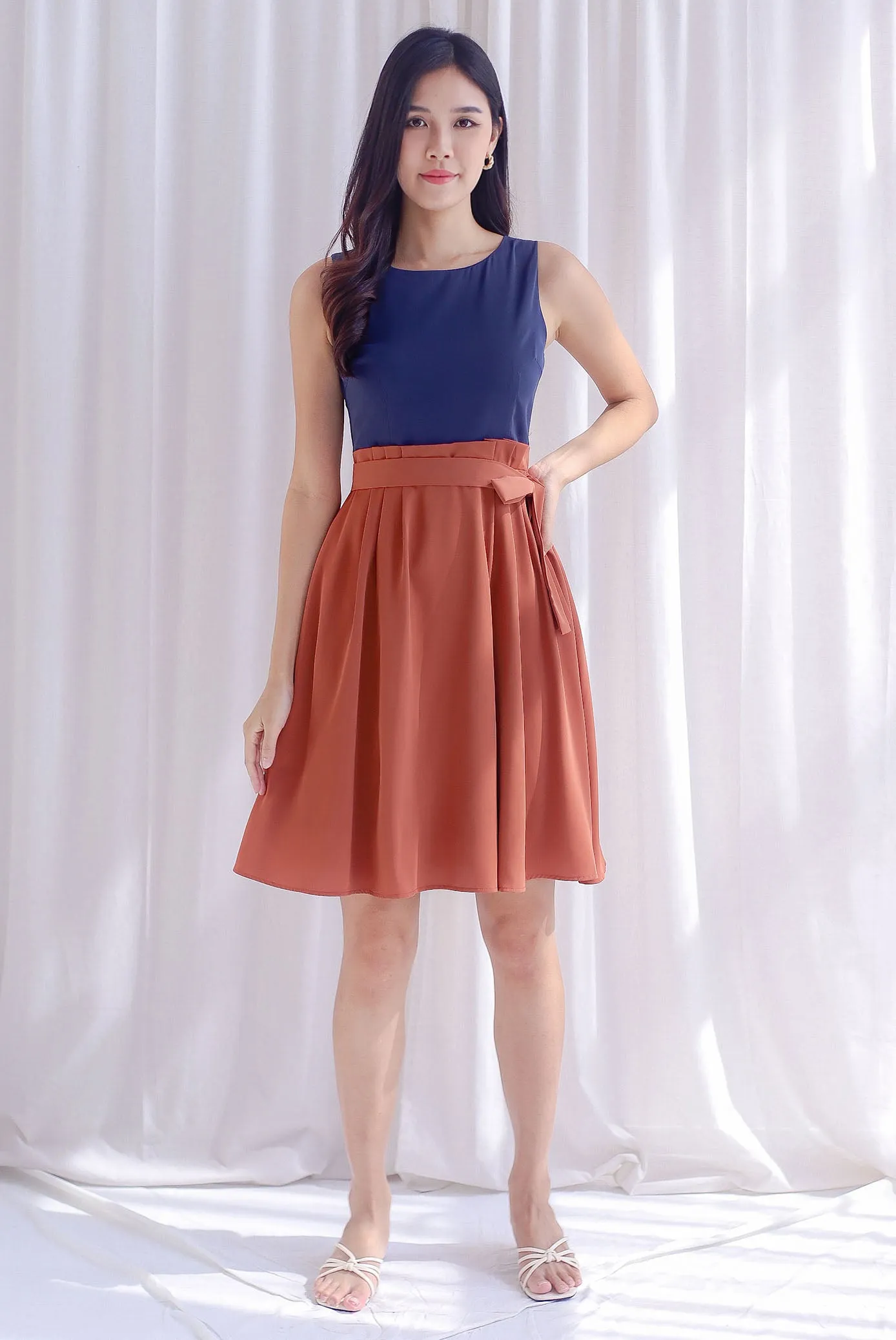 Granger Colourblock Paperbag Skater Dress In Navy/Rust