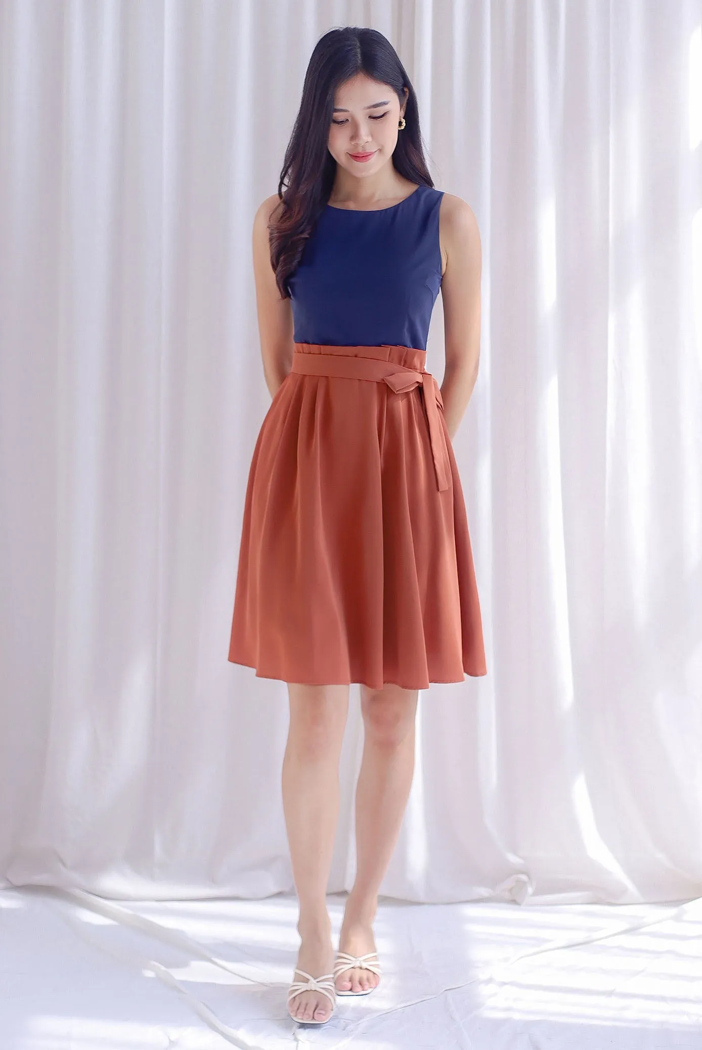 Granger Colourblock Paperbag Skater Dress In Navy/Rust