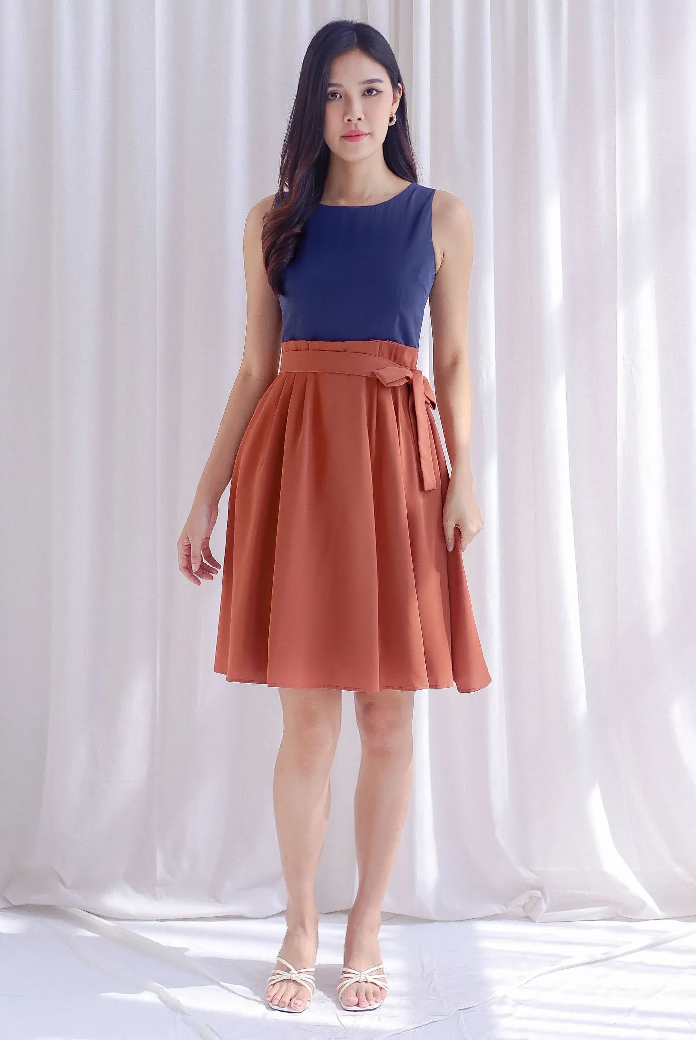 Granger Colourblock Paperbag Skater Dress In Navy/Rust