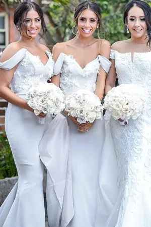 Gray Satin Mermaid Off-the-Shoulder Lace Appliques Bridesmaid Dress, MBD210