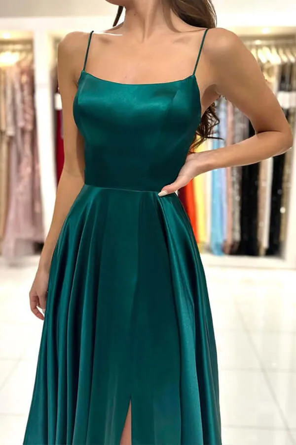 Green A-line Square Neck Simple Prom Dresses With Slit, Party Dresses, MP776