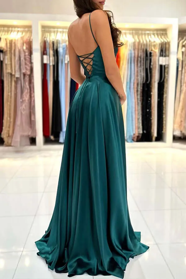 Green A-line Square Neck Simple Prom Dresses With Slit, Party Dresses, MP776