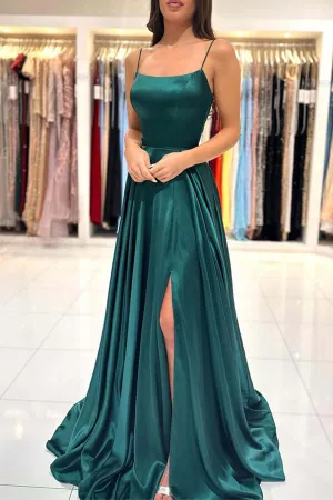 Green A-line Square Neck Simple Prom Dresses With Slit, Party Dresses, MP776