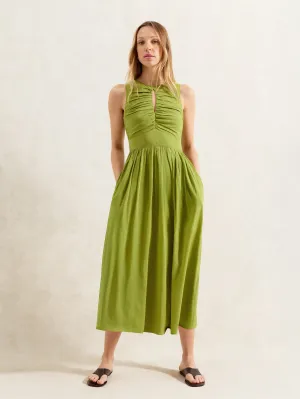 Green Cotton Keyhole Front Midi Dress