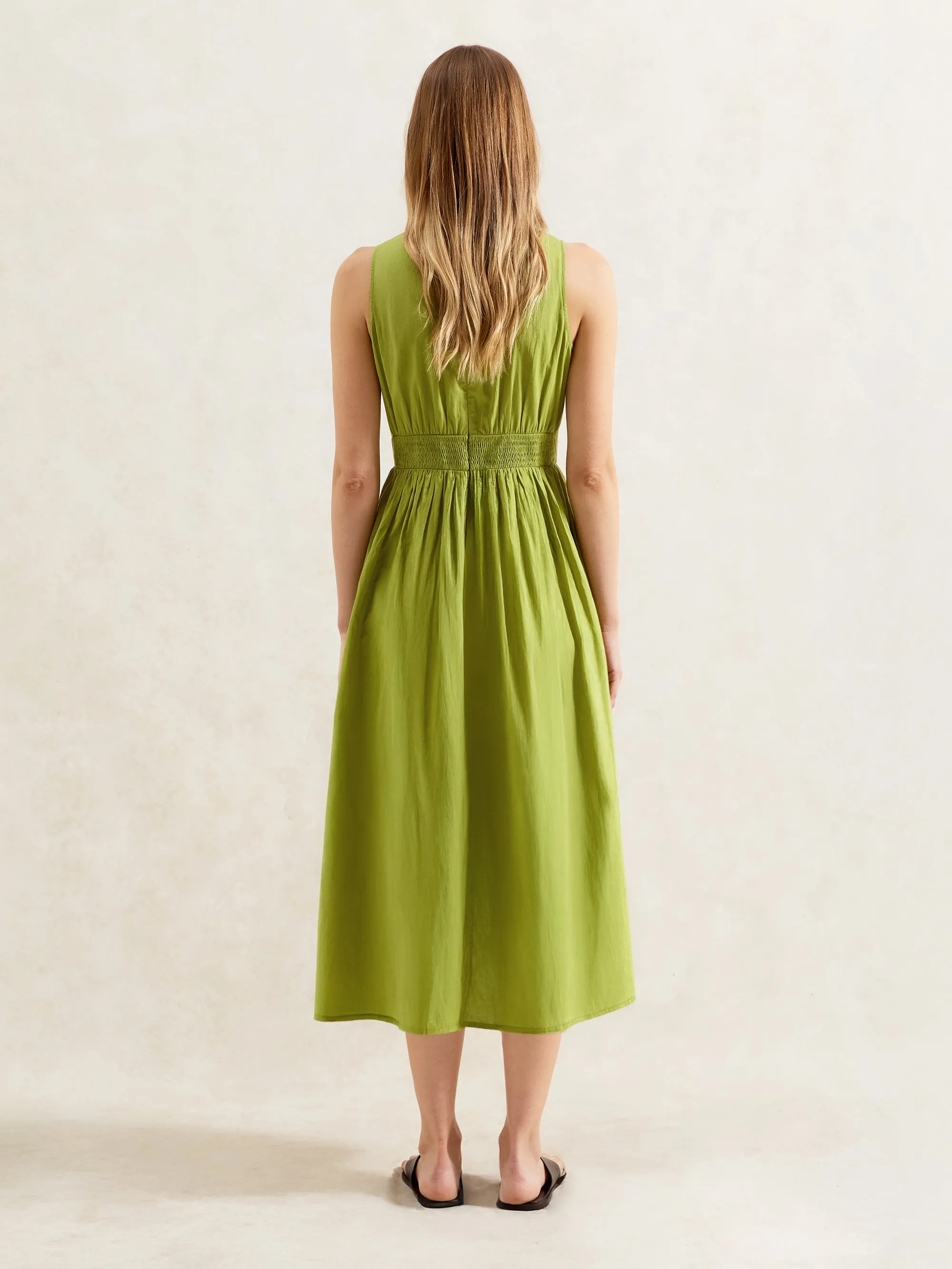 Green Cotton Keyhole Front Midi Dress