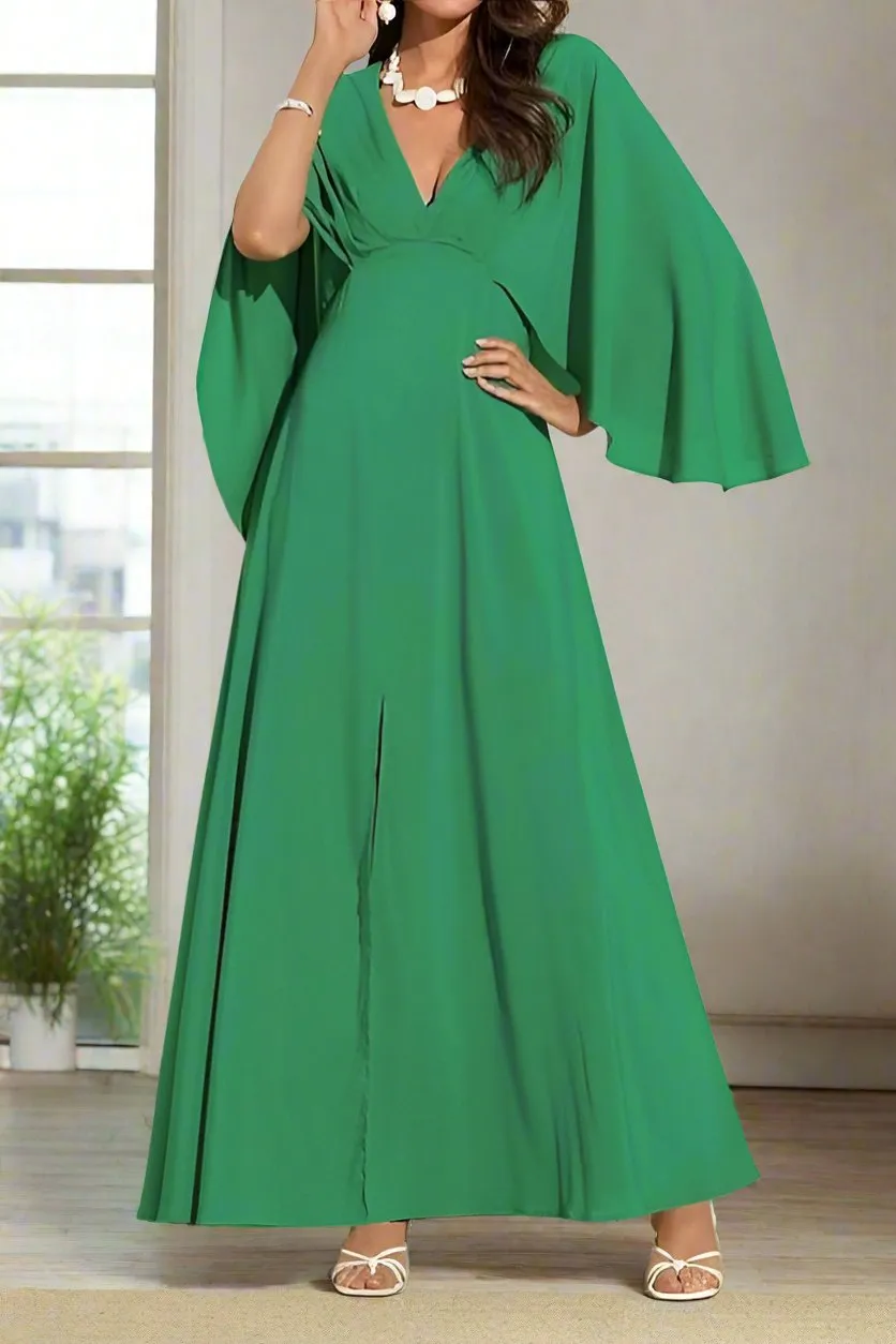 Green Deep V Neck Chiffon Wedding Guest Dress