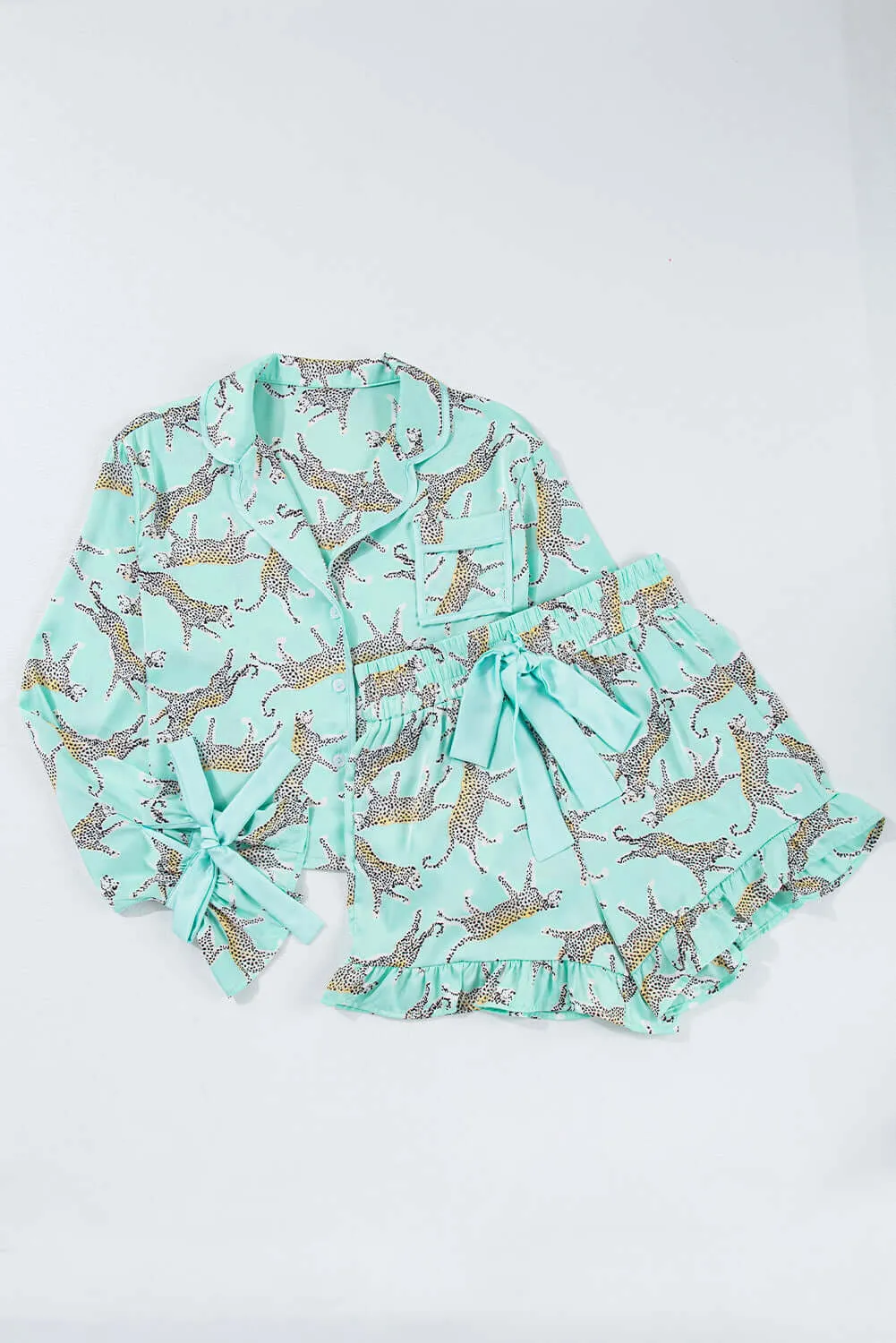 Green Leopard Satin Ruffle Pajama Short Set