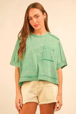 Green Mineral Washed Oversized Crop Comfy Knit Top