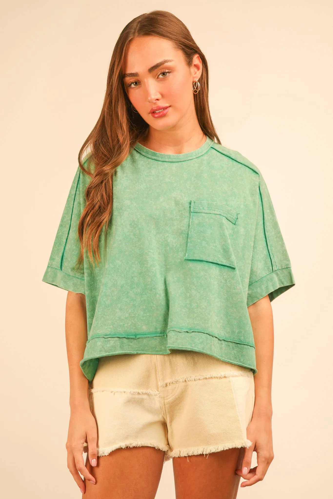 Green Mineral Washed Oversized Crop Comfy Knit Top