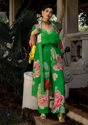 Green spring blooming floral jacket and pant set