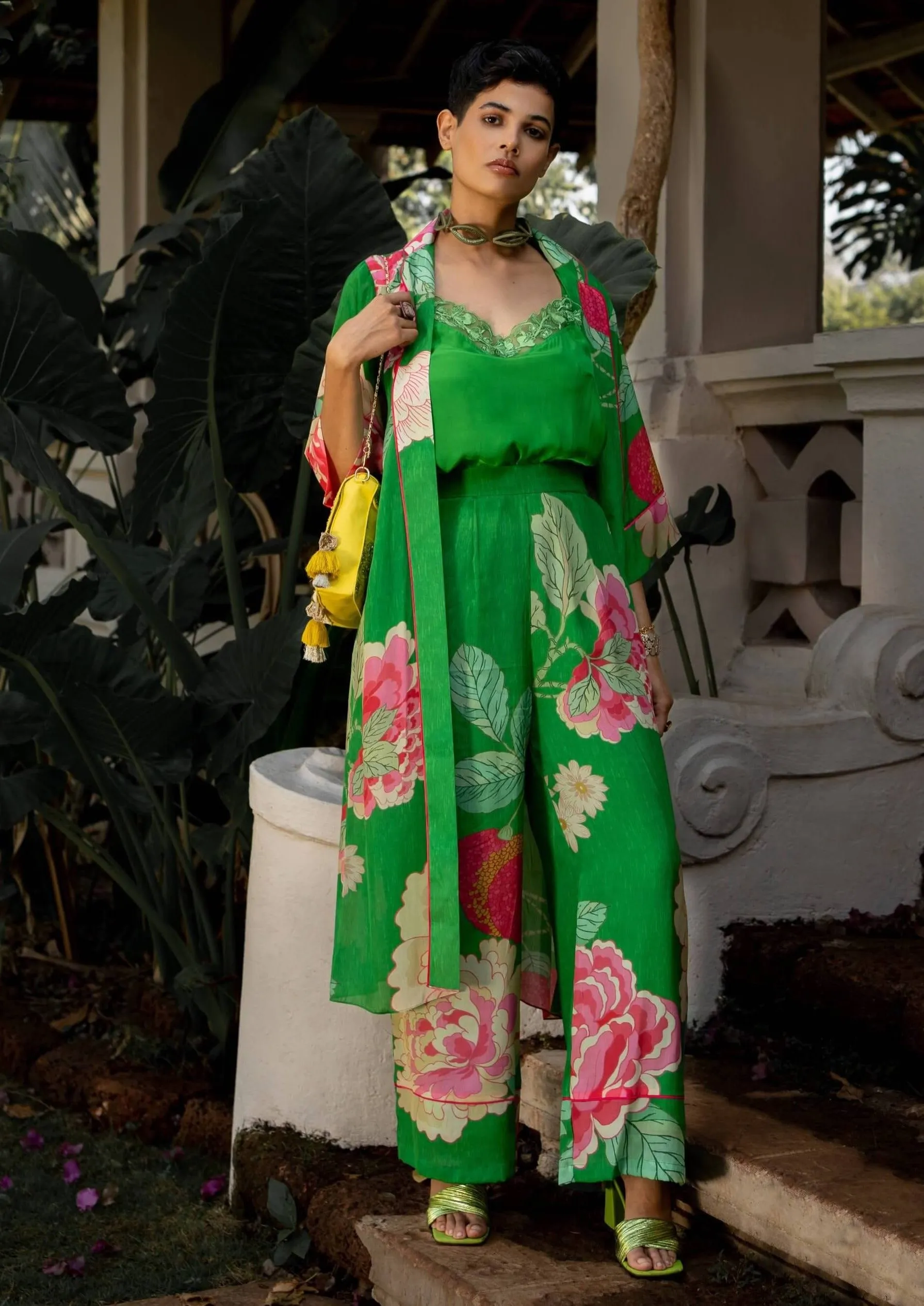 Green spring blooming floral jacket and pant set