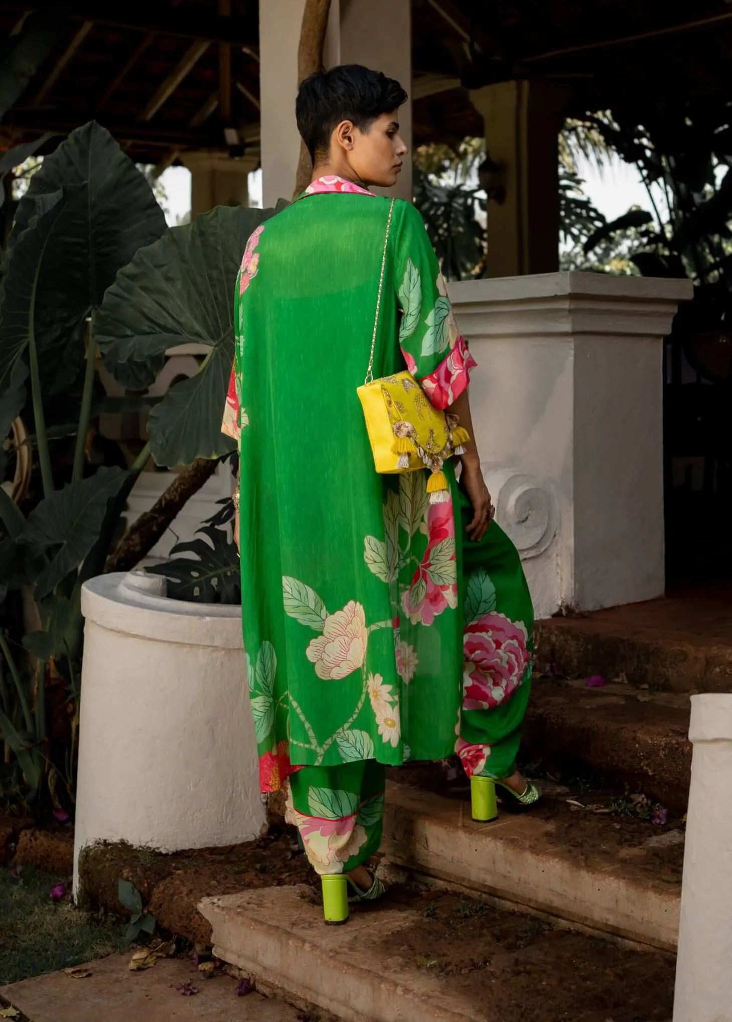 Green spring blooming floral jacket and pant set