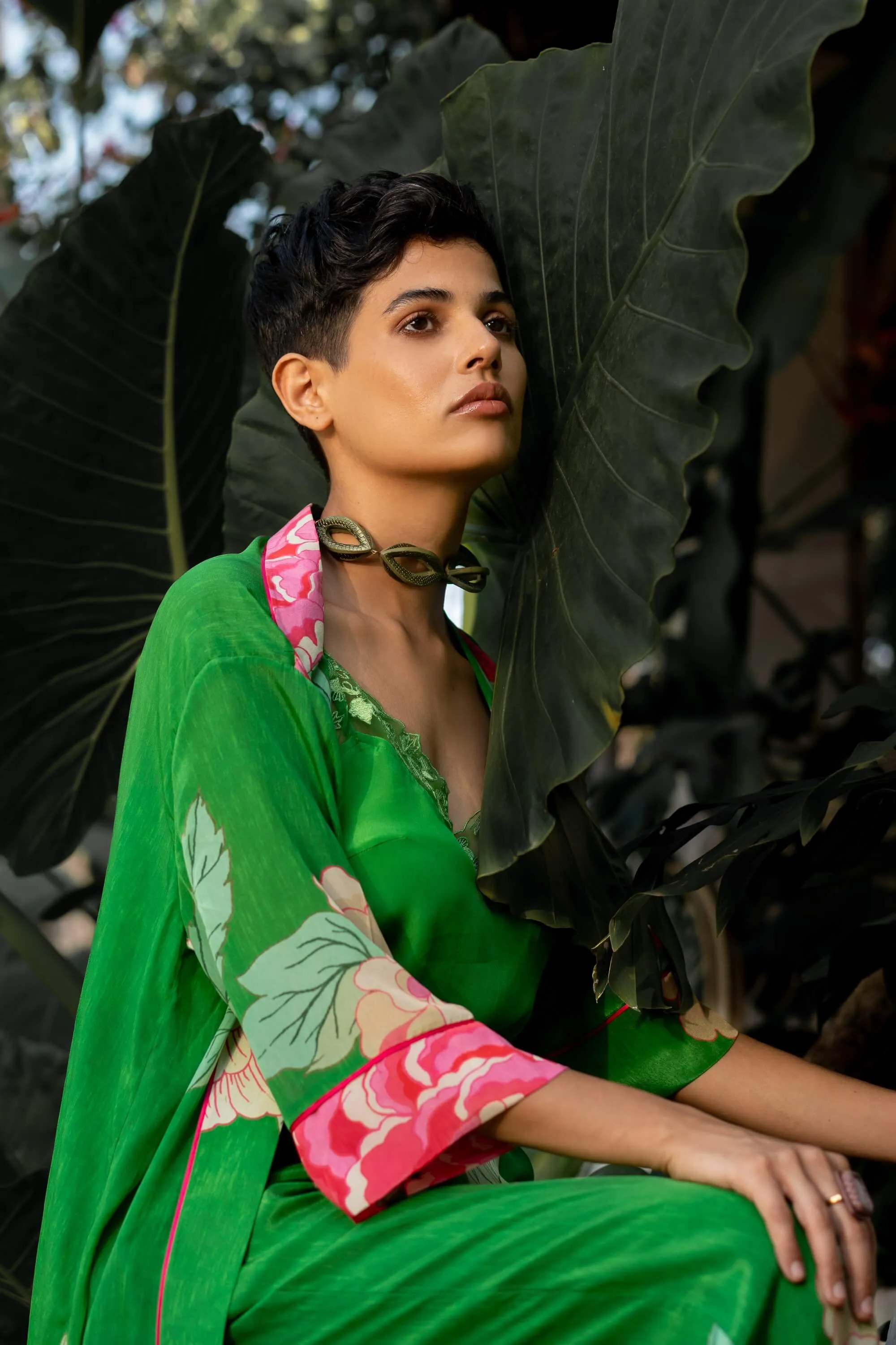 Green spring blooming floral jacket and pant set