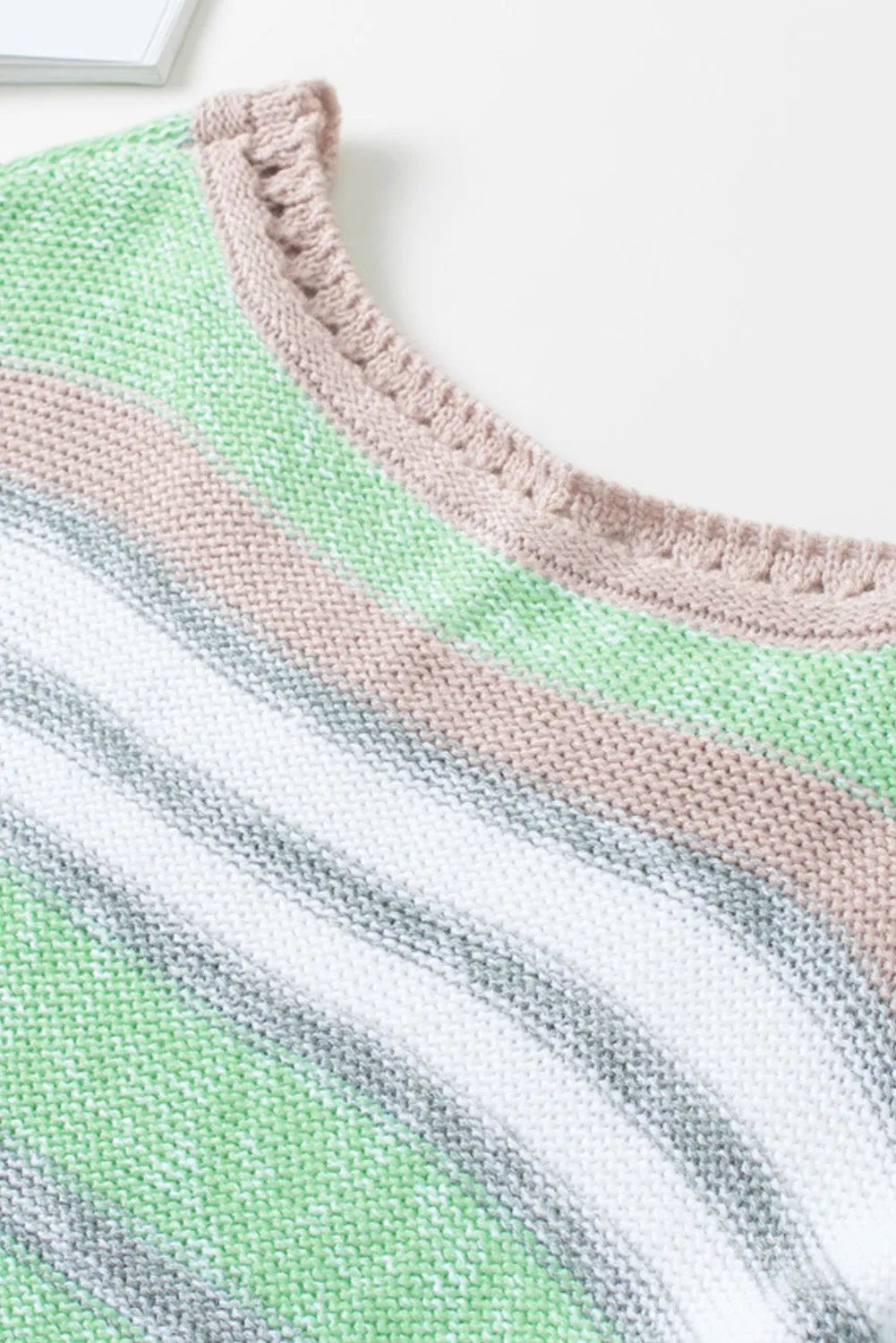 Green Striped Bell Sleeves Loose Sweater