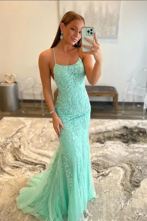 Green Tulle Mermaid Lace Appliques Long Prom Dresses, Evening Dresses, MP727