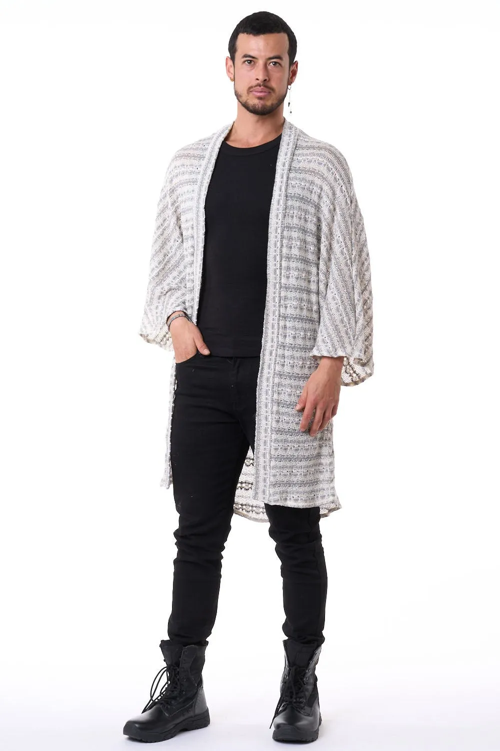 Grey & White Knit Unisex Kimono