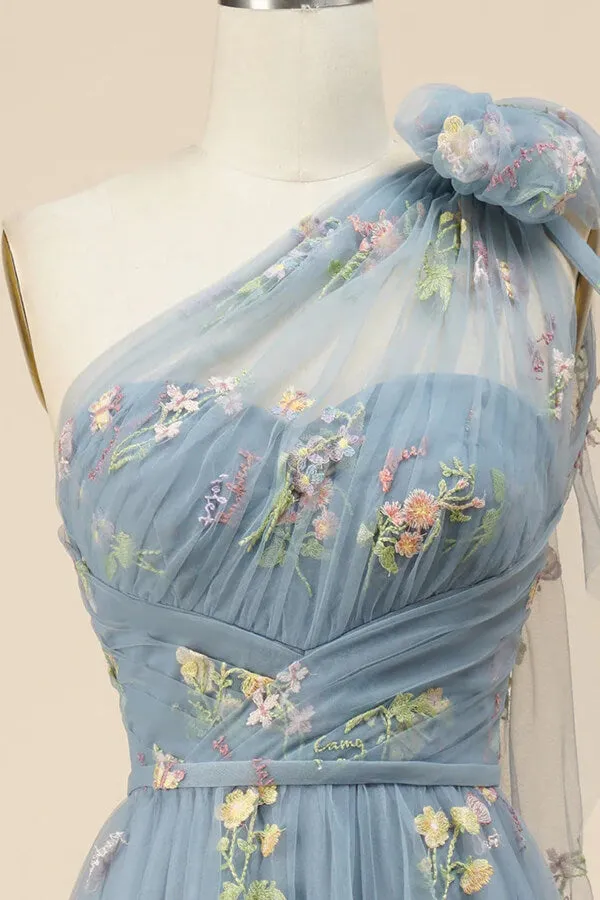 Grey Blue A-line Floral Embroidery One Shoulder Prom Dresses, Evening Gown, SP847