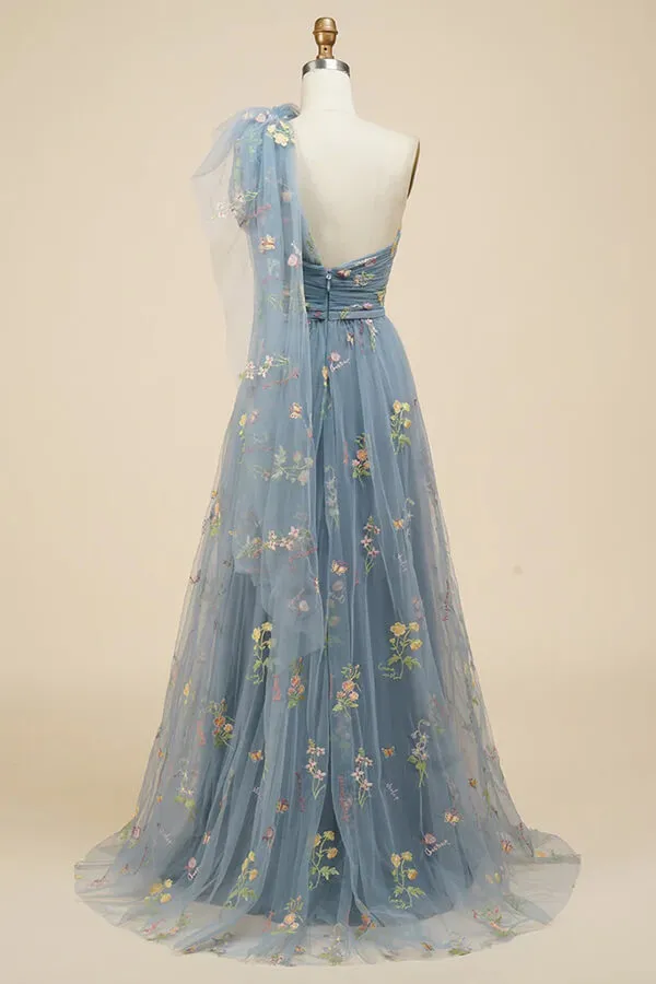 Grey Blue A-line Floral Embroidery One Shoulder Prom Dresses, Evening Gown, SP847