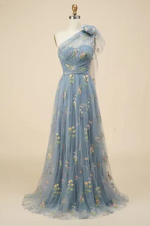 Grey Blue A-line Floral Embroidery One Shoulder Prom Dresses, Evening Gown, SP847