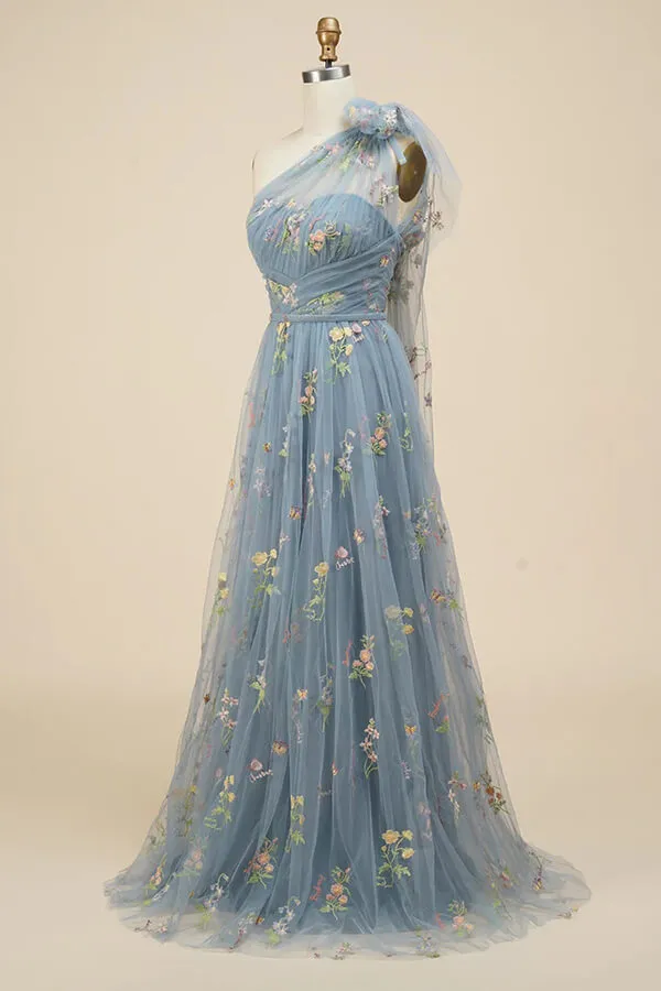 Grey Blue A-line Floral Embroidery One Shoulder Prom Dresses, Evening Gown, SP847