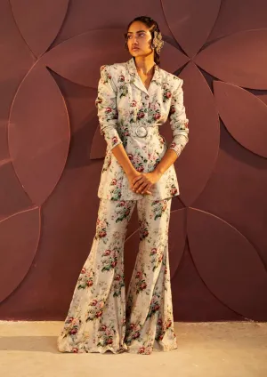 Grey Parisian Print Jacket And Pant Set