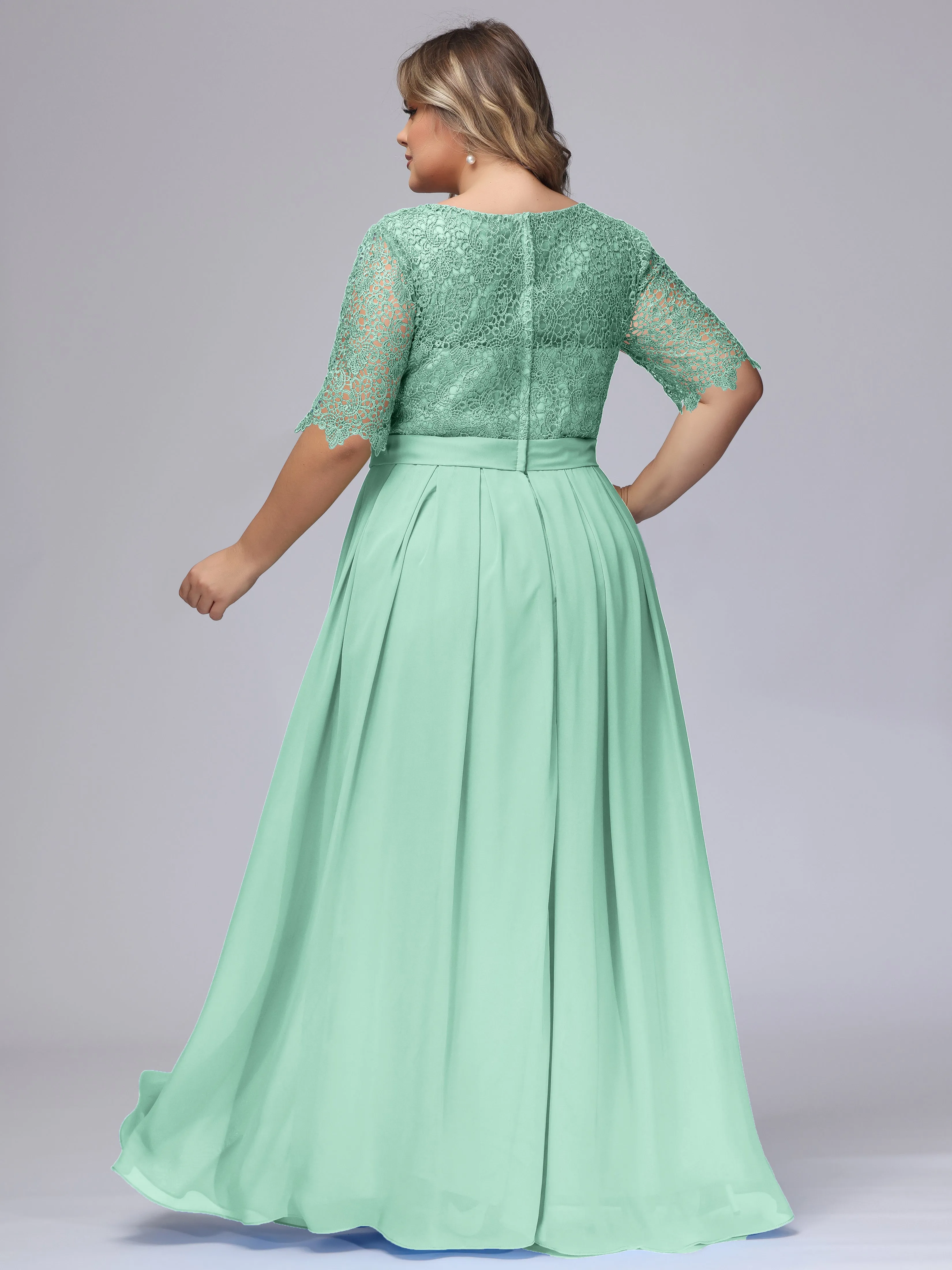Half Sleeves Scoop Lace Long Plus Size Bridesmaid Dresses