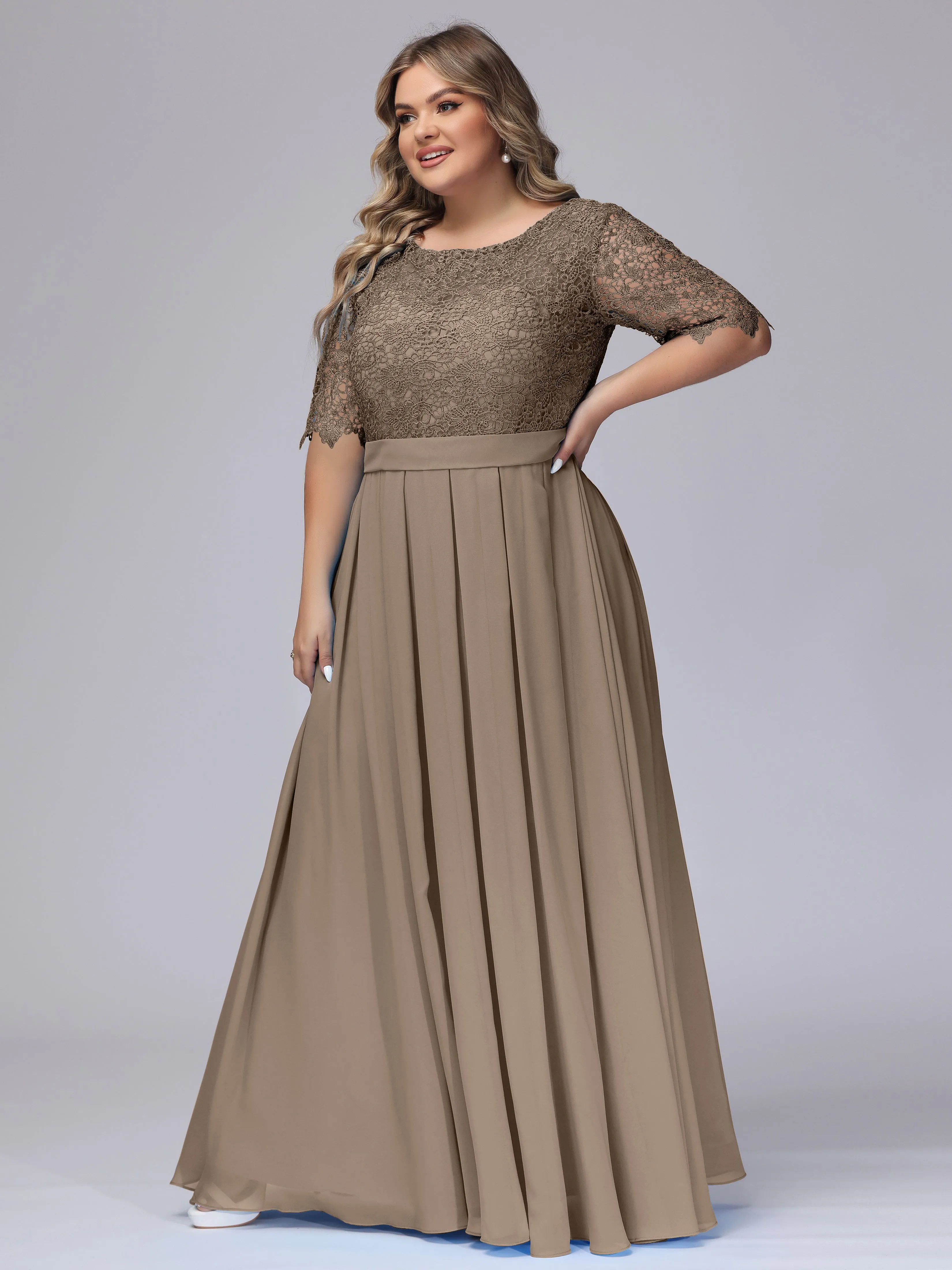 Half Sleeves Scoop Lace Long Plus Size Bridesmaid Dresses