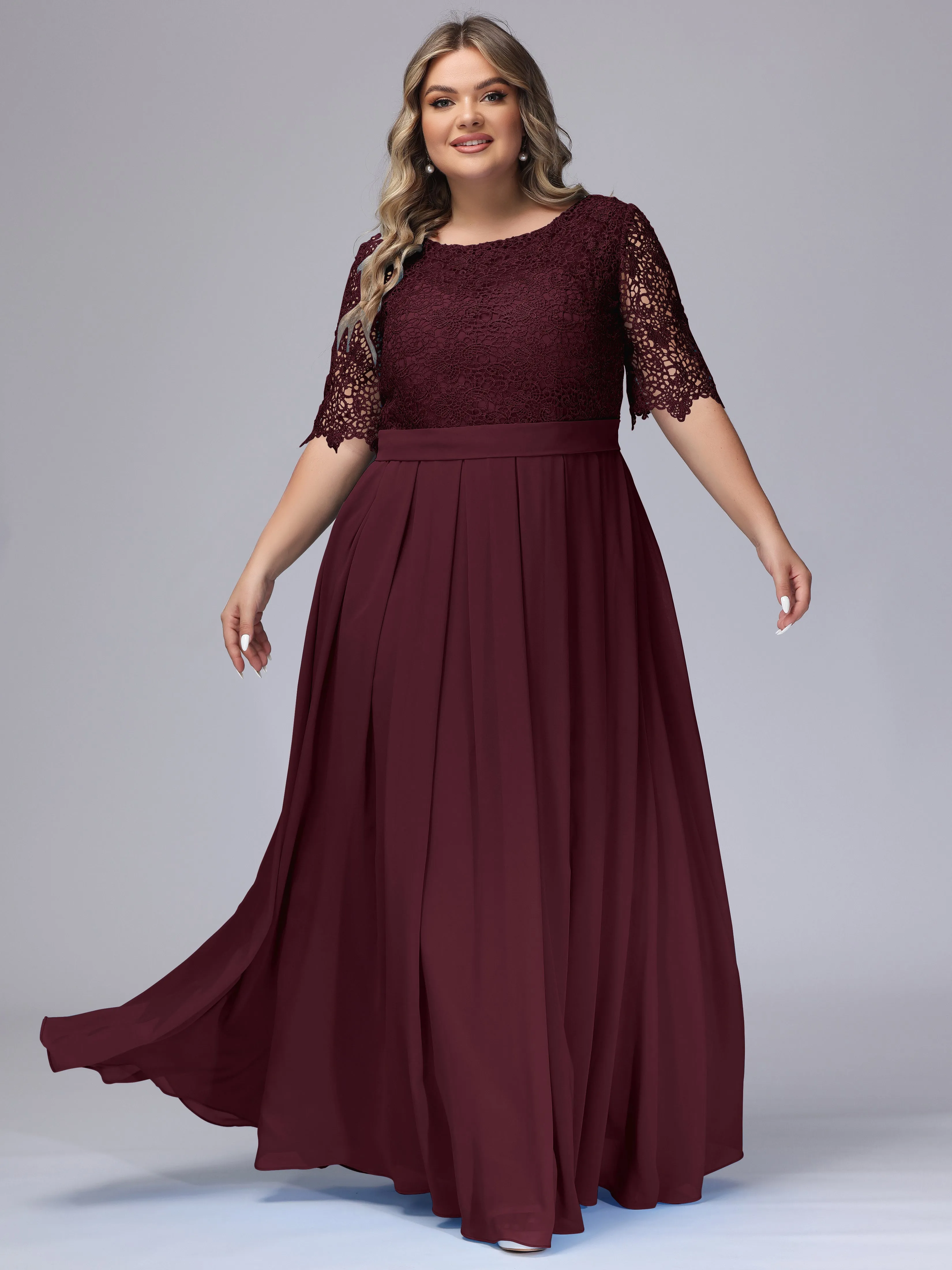 Half Sleeves Scoop Lace Long Plus Size Bridesmaid Dresses