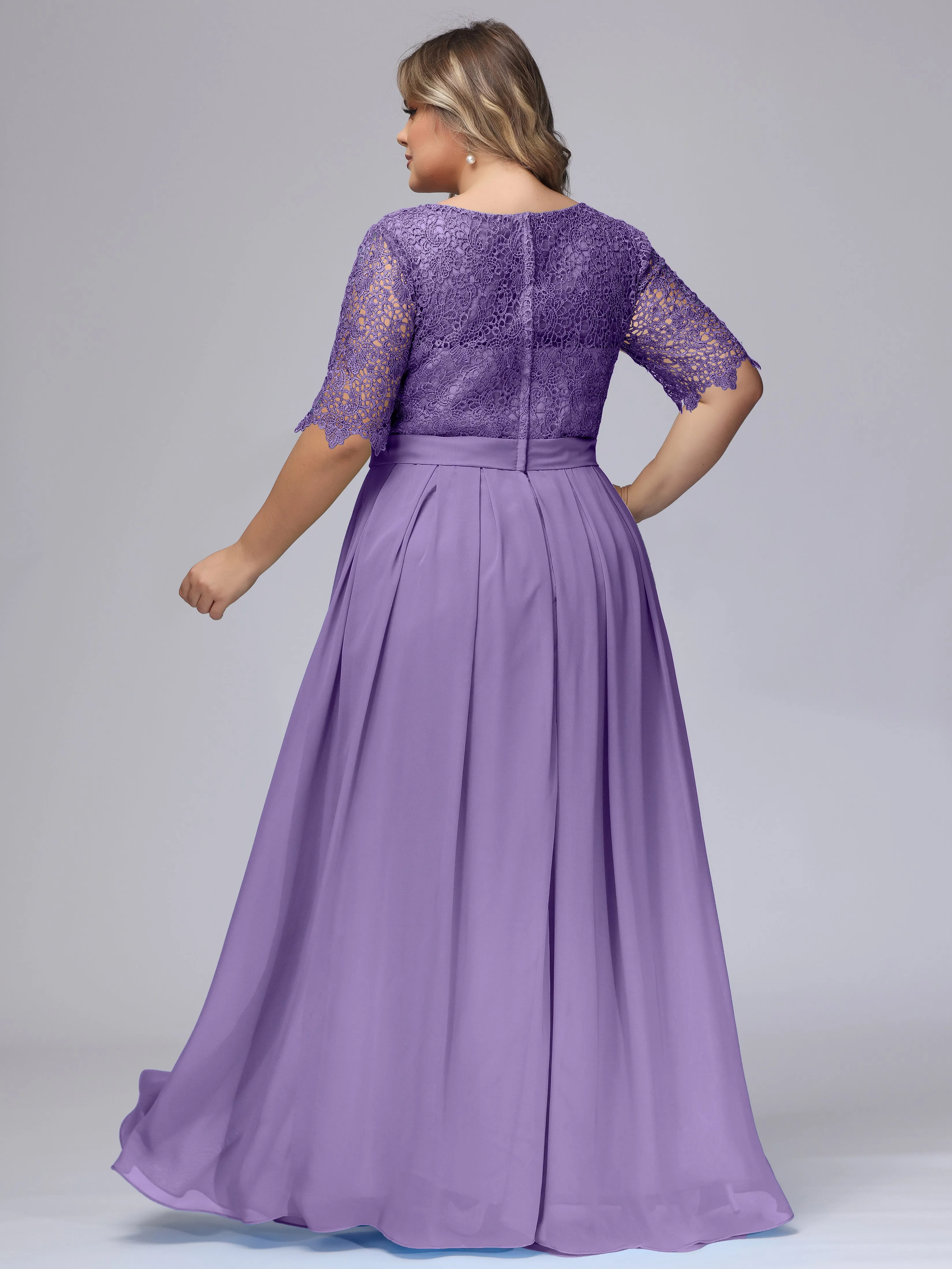 Half Sleeves Scoop Lace Long Plus Size Bridesmaid Dresses