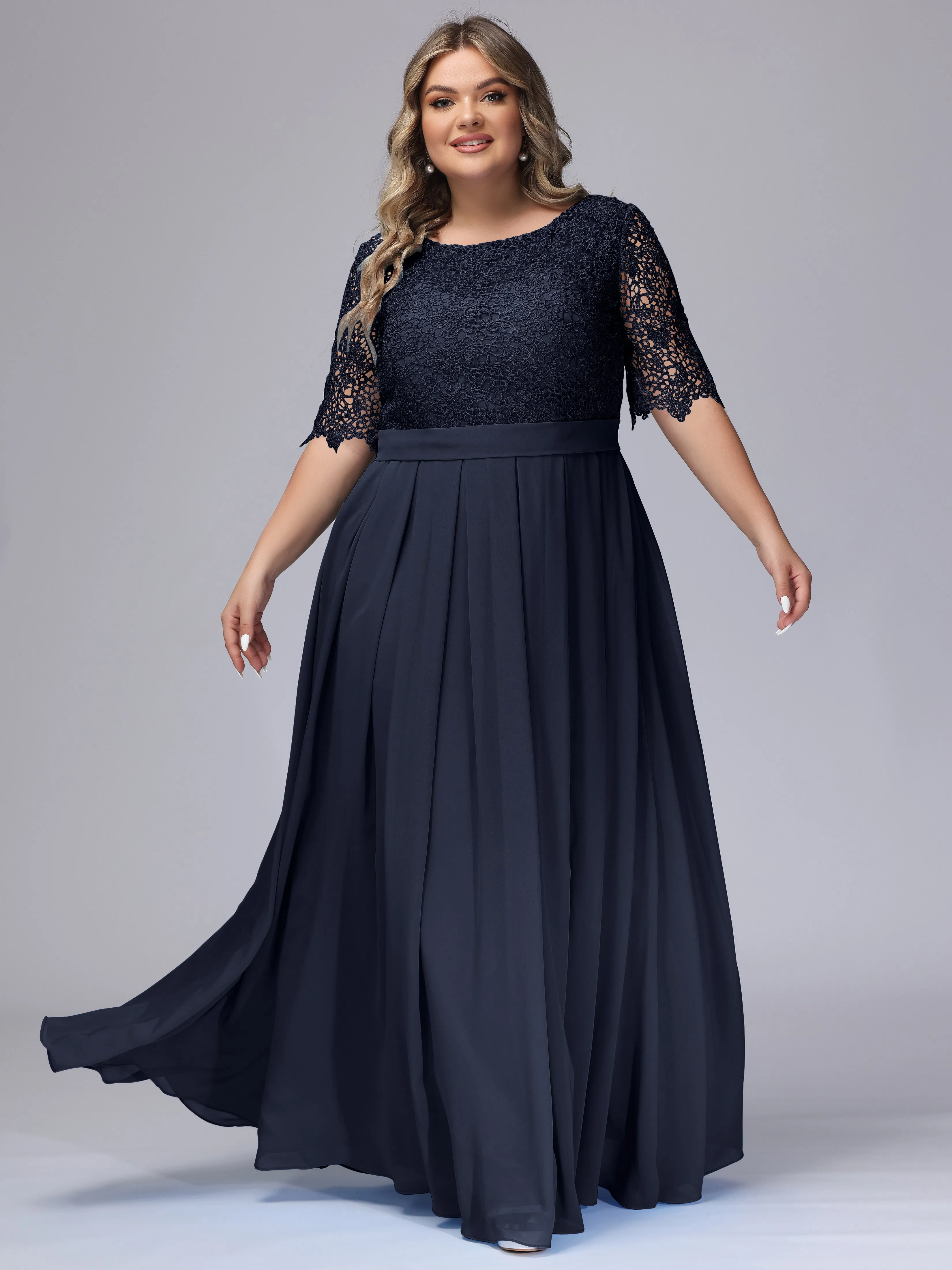 Half Sleeves Scoop Lace Long Plus Size Bridesmaid Dresses