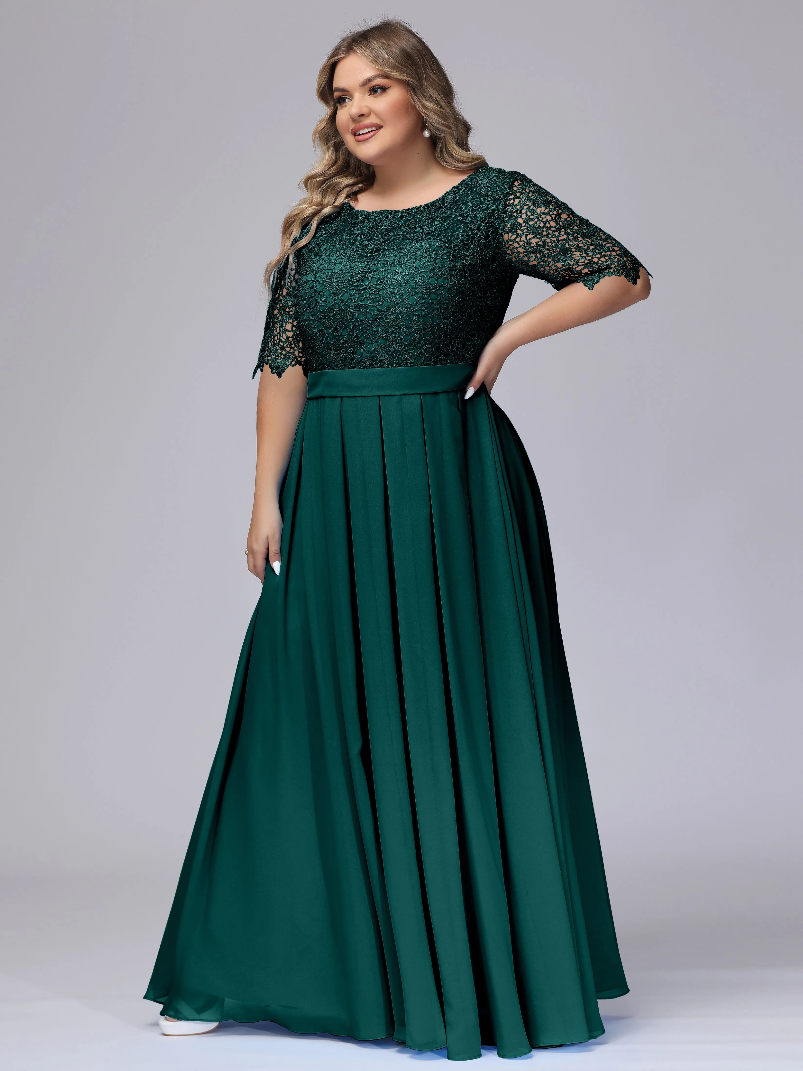 Half Sleeves Scoop Lace Long Plus Size Bridesmaid Dresses