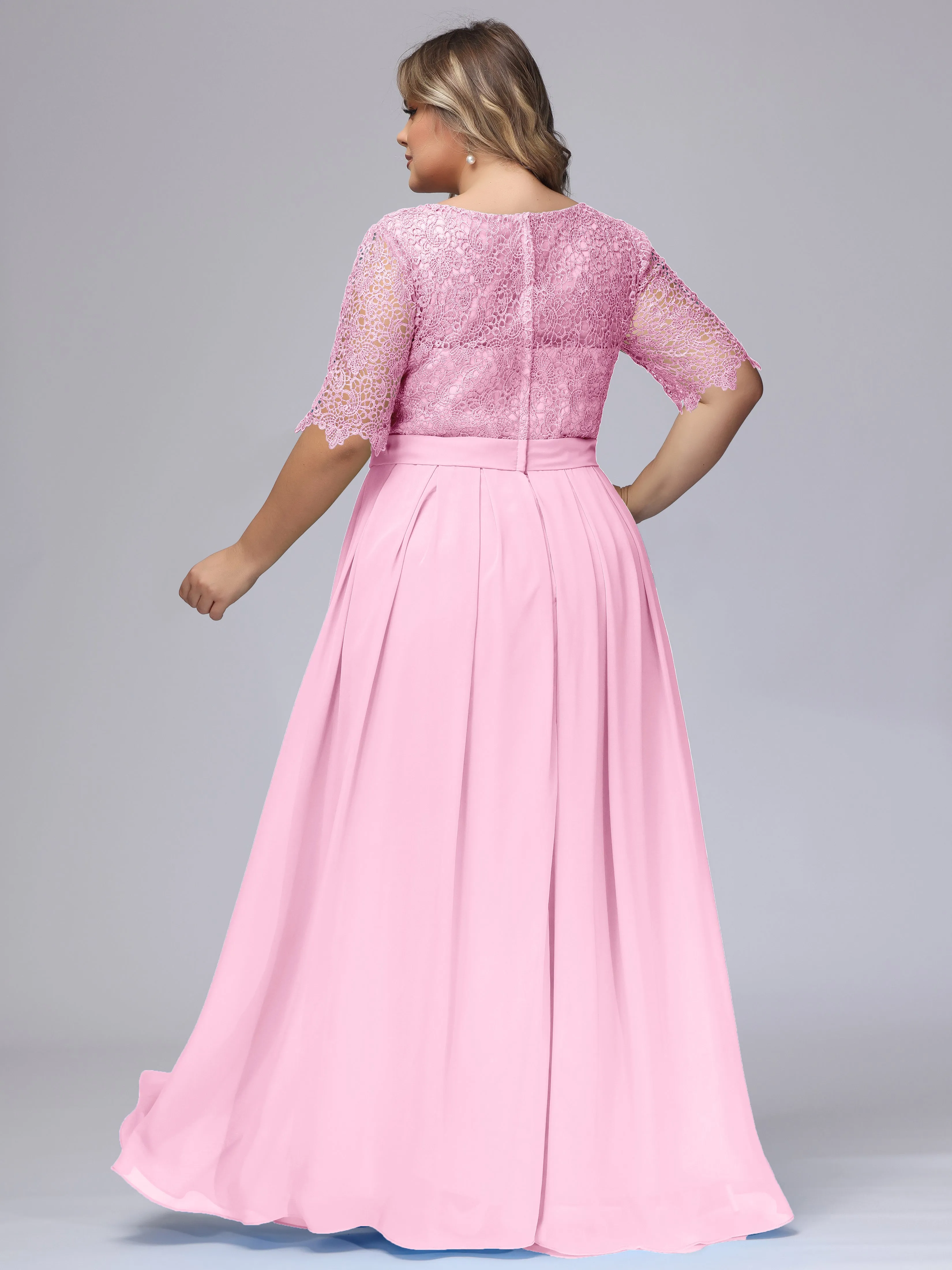 Half Sleeves Scoop Lace Long Plus Size Bridesmaid Dresses