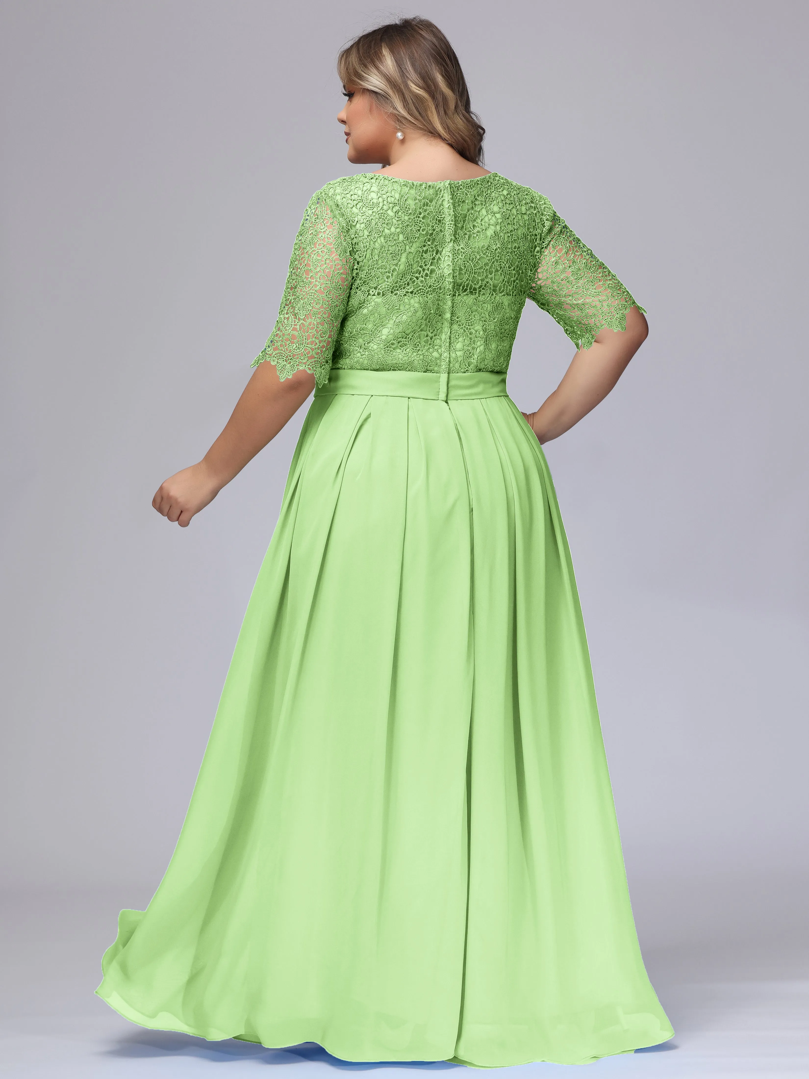 Half Sleeves Scoop Lace Long Plus Size Bridesmaid Dresses