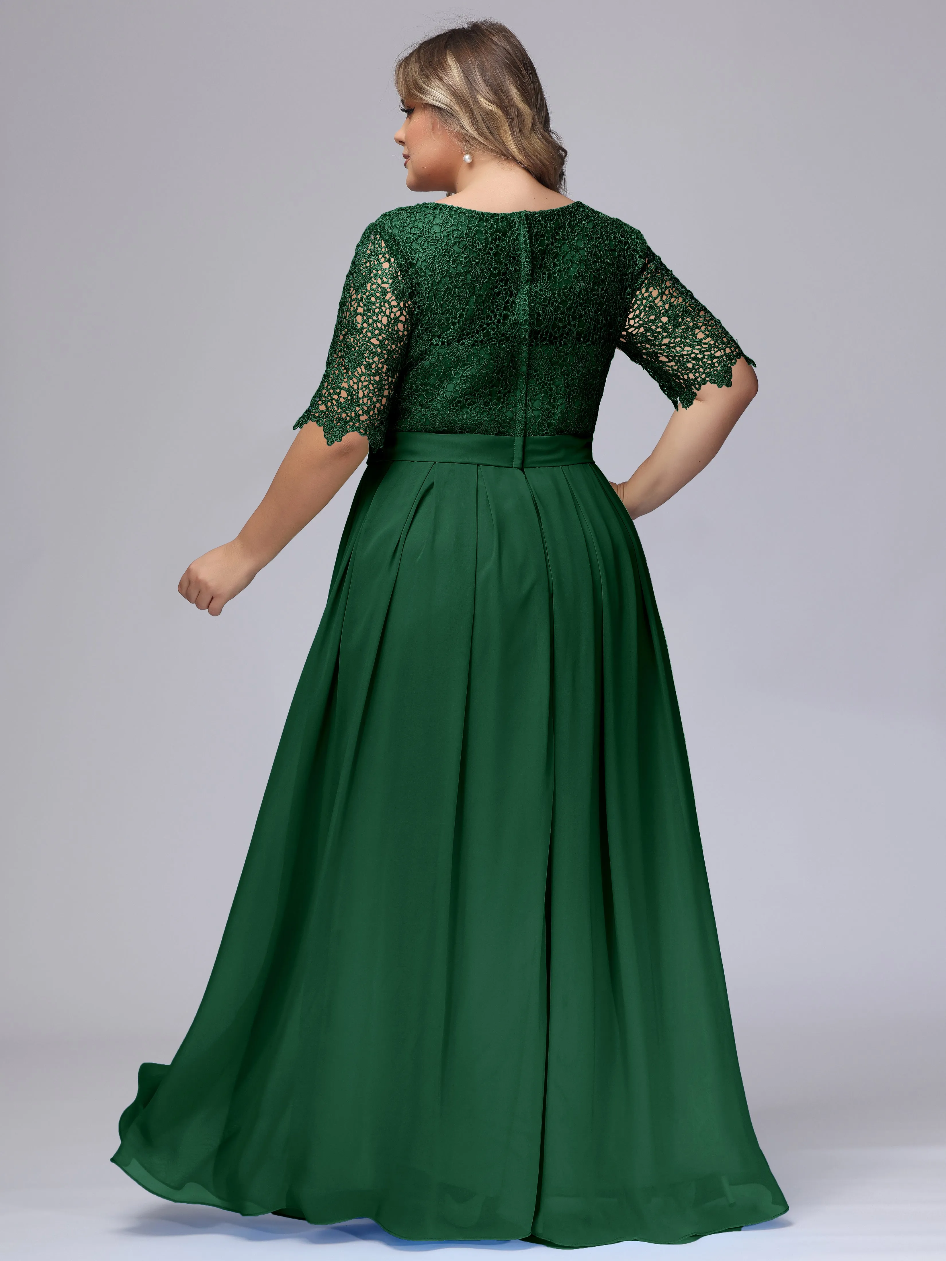 Half Sleeves Scoop Lace Long Plus Size Bridesmaid Dresses