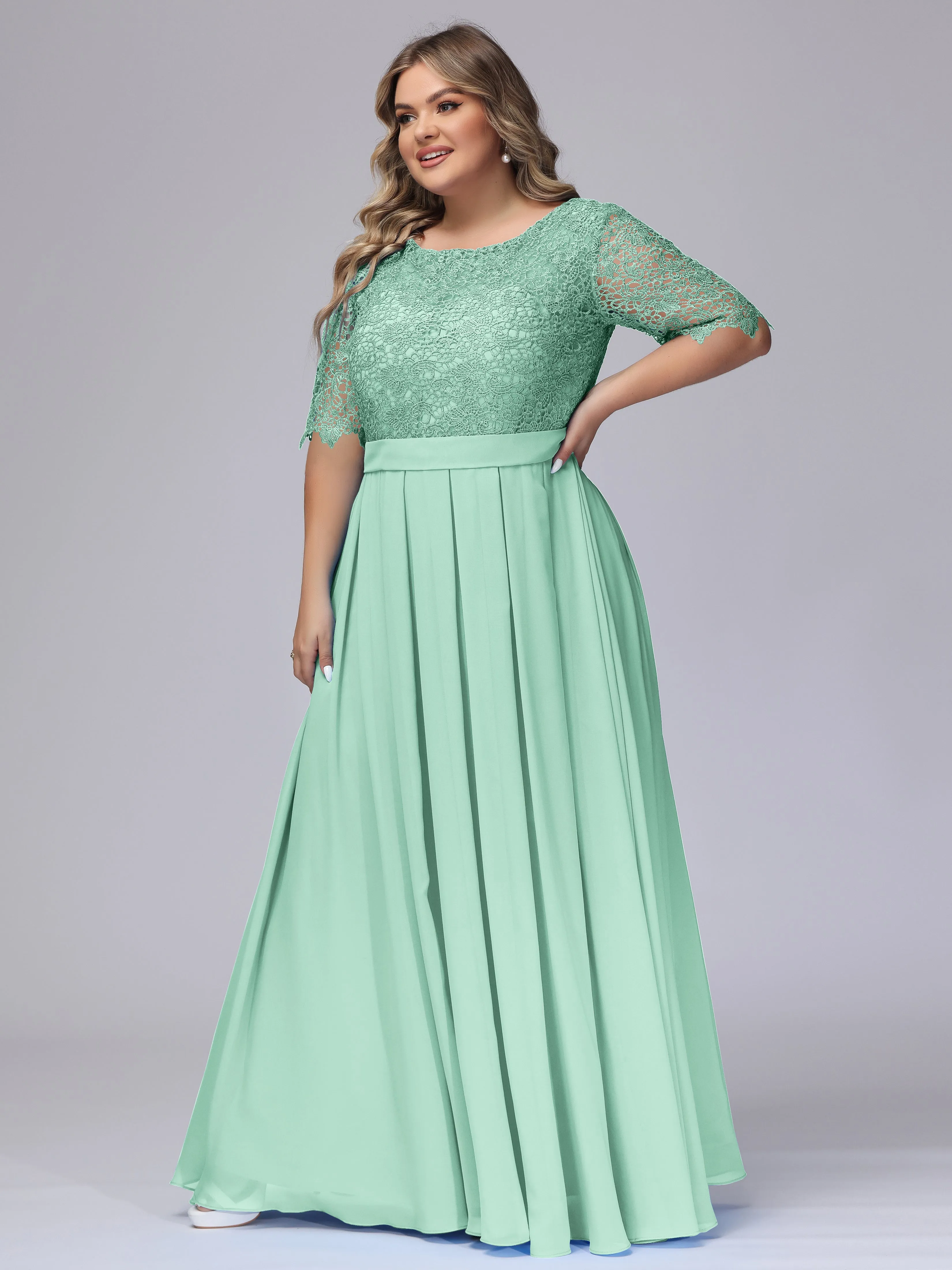 Half Sleeves Scoop Lace Long Plus Size Bridesmaid Dresses