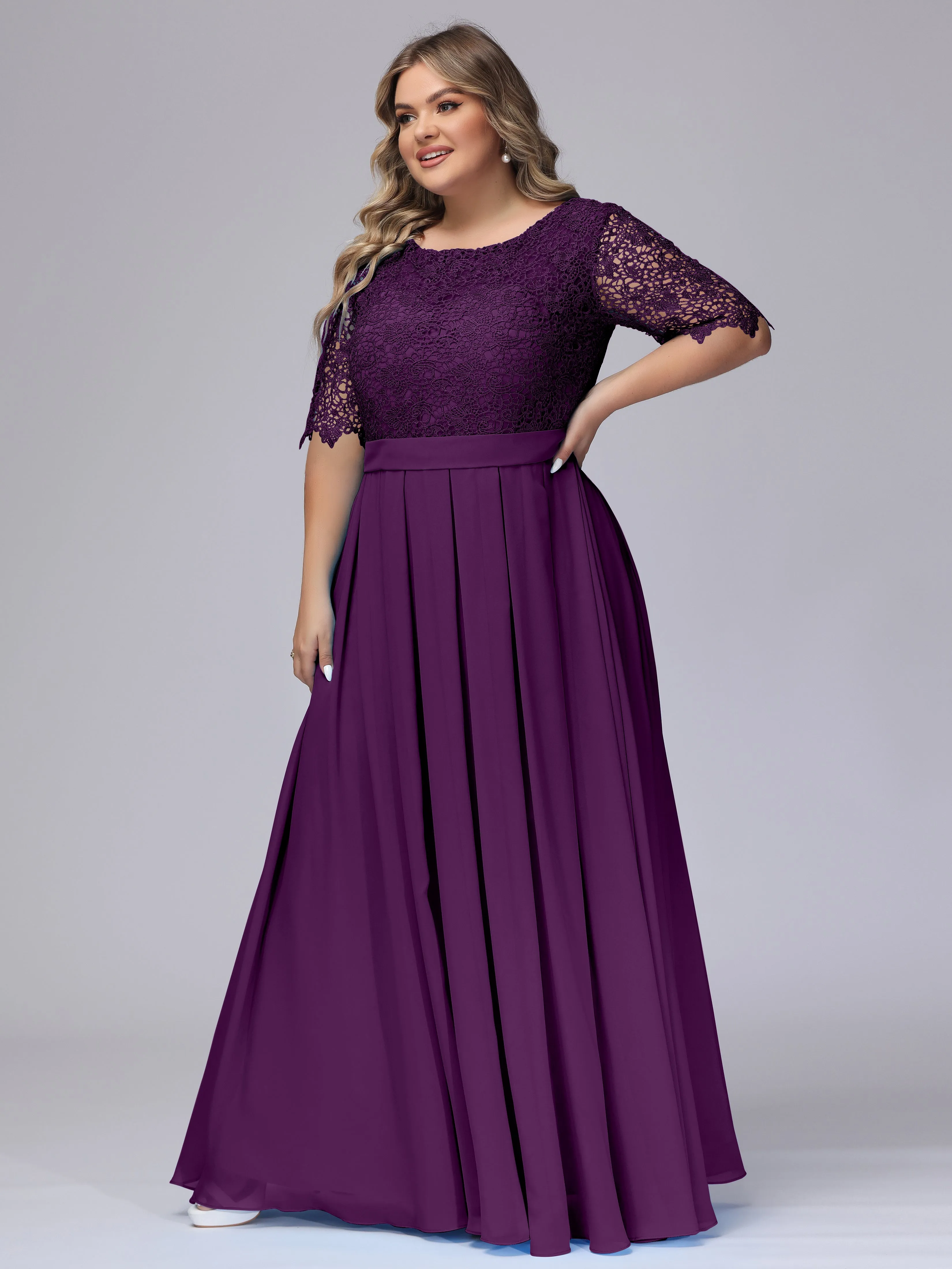Half Sleeves Scoop Lace Long Plus Size Bridesmaid Dresses