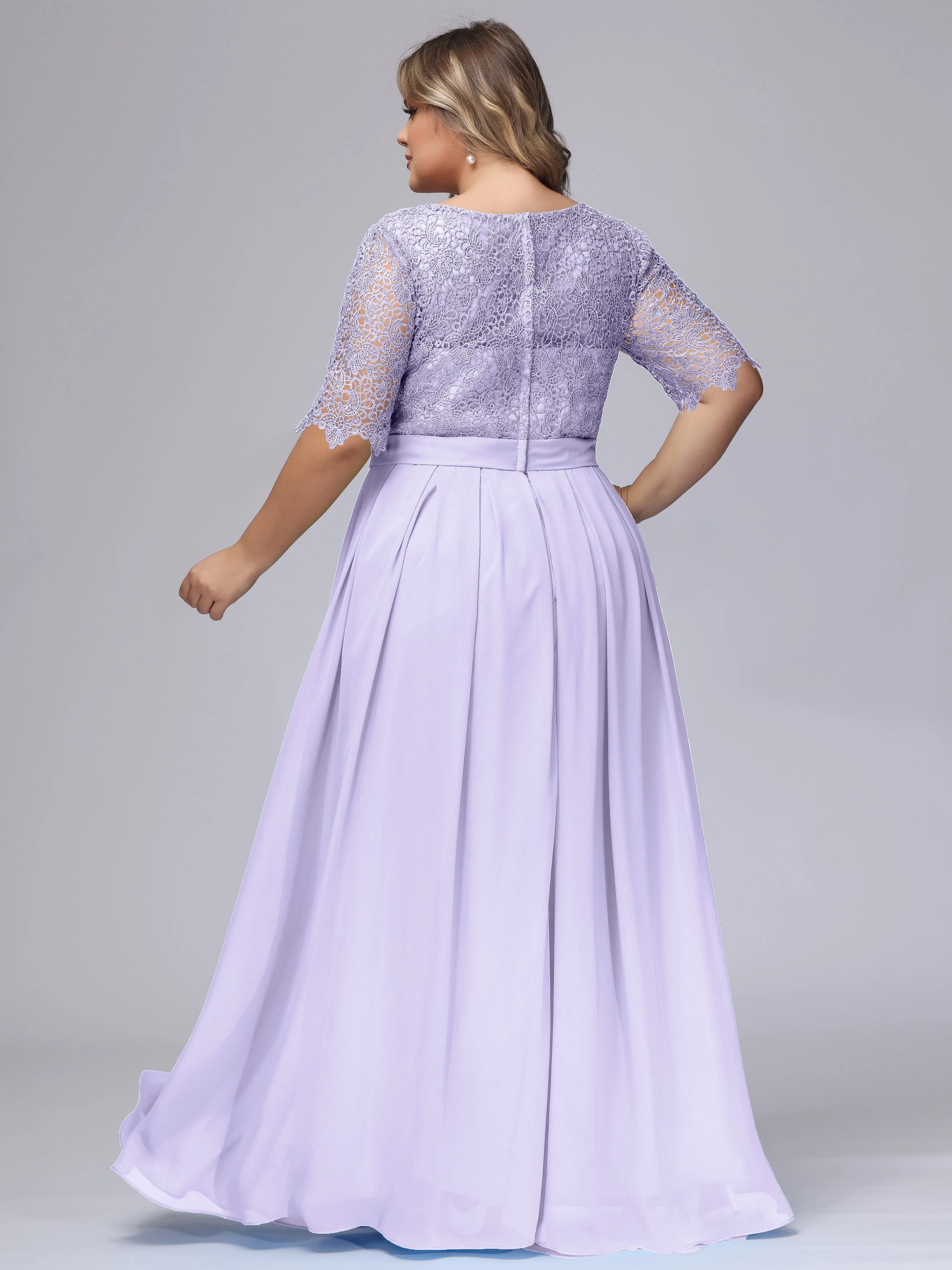 Half Sleeves Scoop Lace Long Plus Size Bridesmaid Dresses