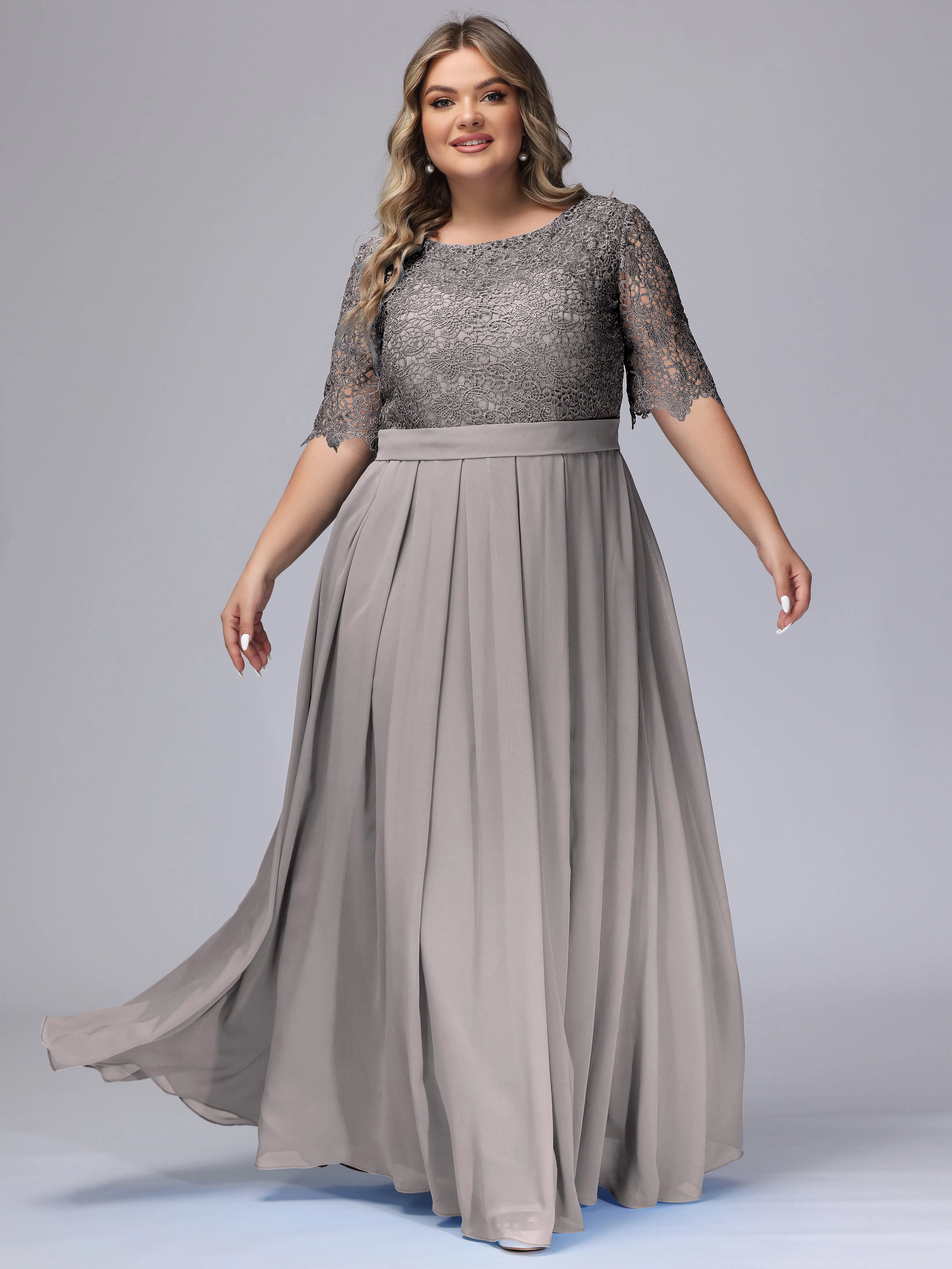 Half Sleeves Scoop Lace Long Plus Size Bridesmaid Dresses