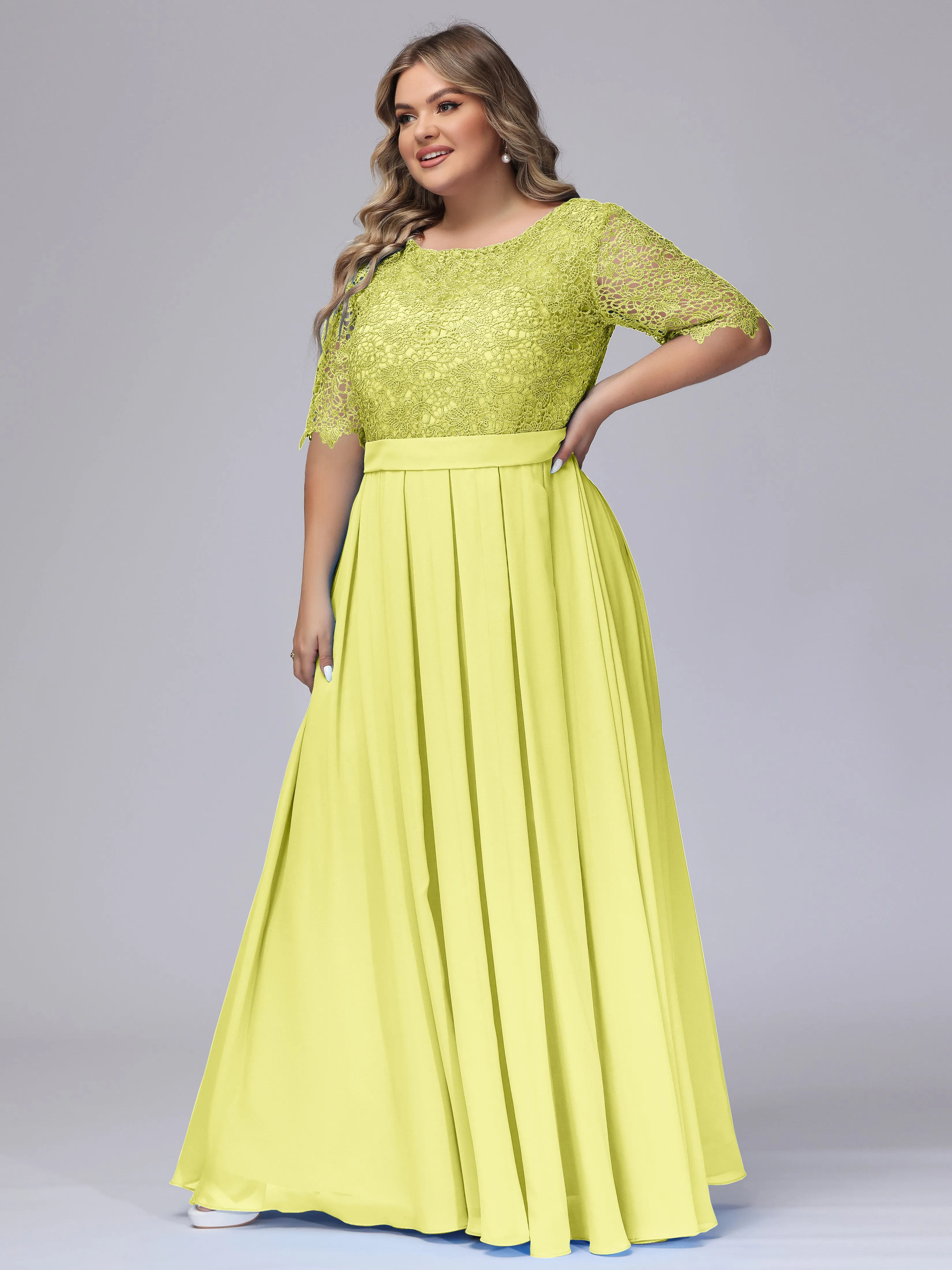 Half Sleeves Scoop Lace Long Plus Size Bridesmaid Dresses