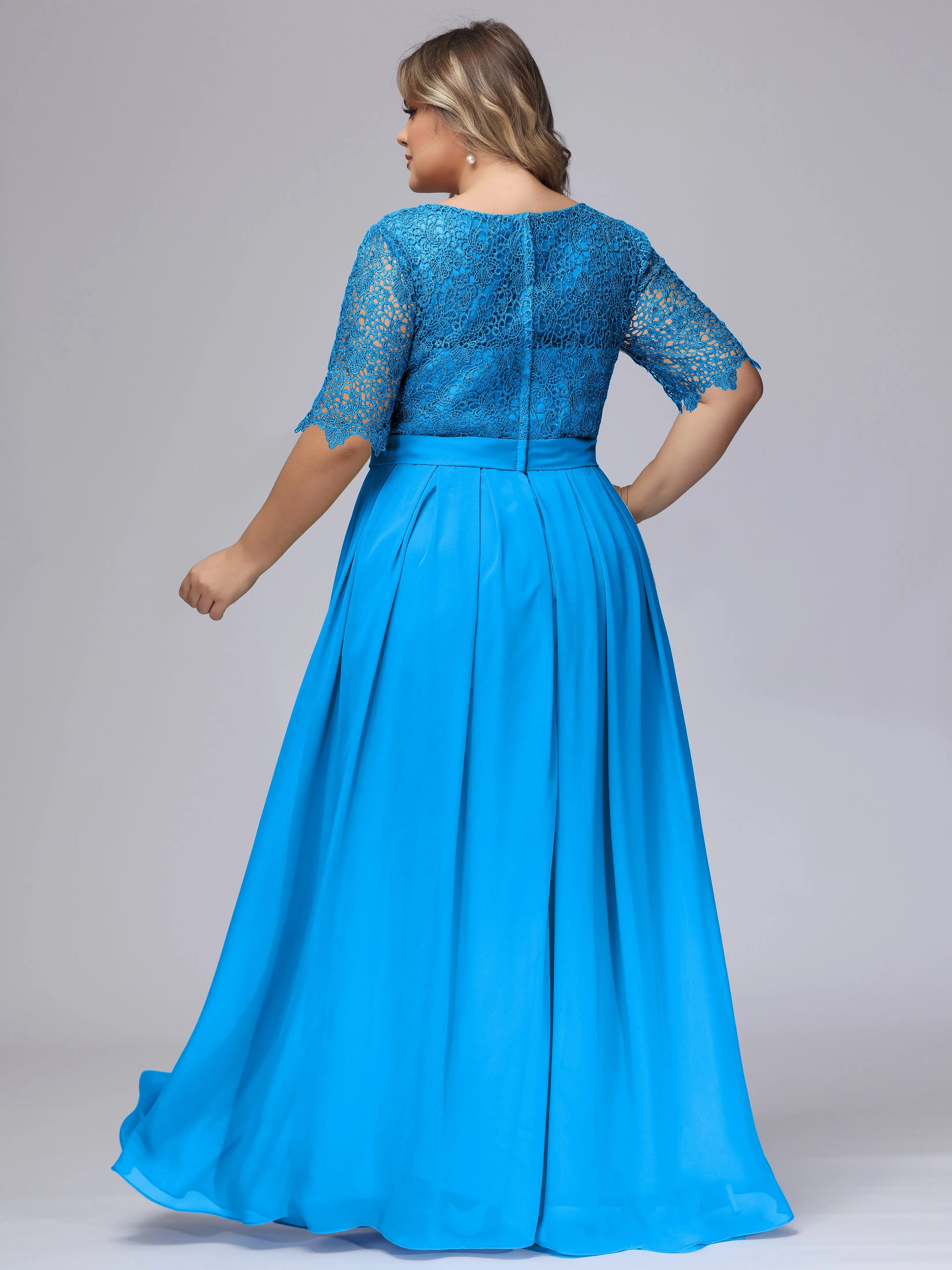 Half Sleeves Scoop Lace Long Plus Size Bridesmaid Dresses