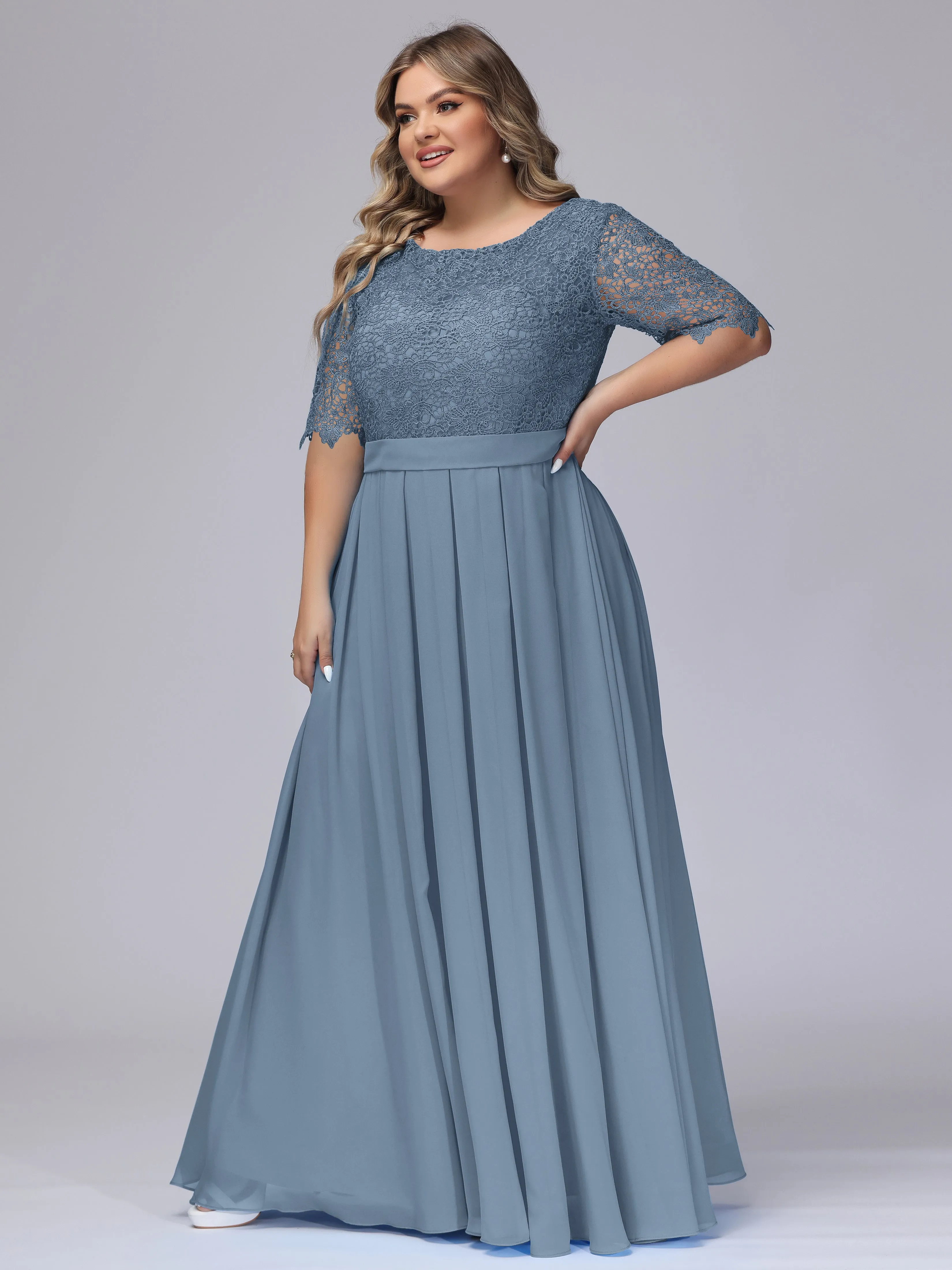 Half Sleeves Scoop Lace Long Plus Size Bridesmaid Dresses
