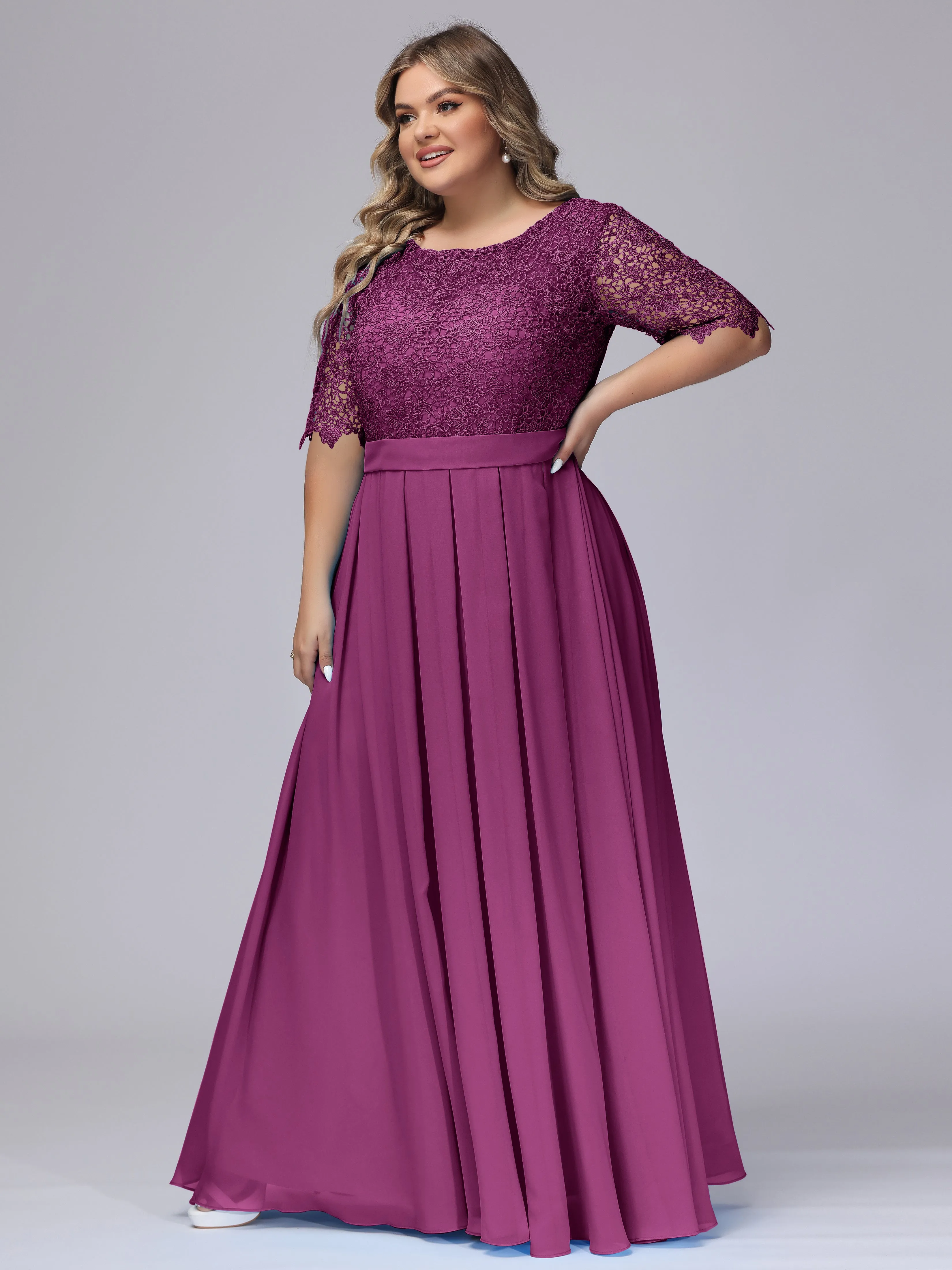 Half Sleeves Scoop Lace Long Plus Size Bridesmaid Dresses
