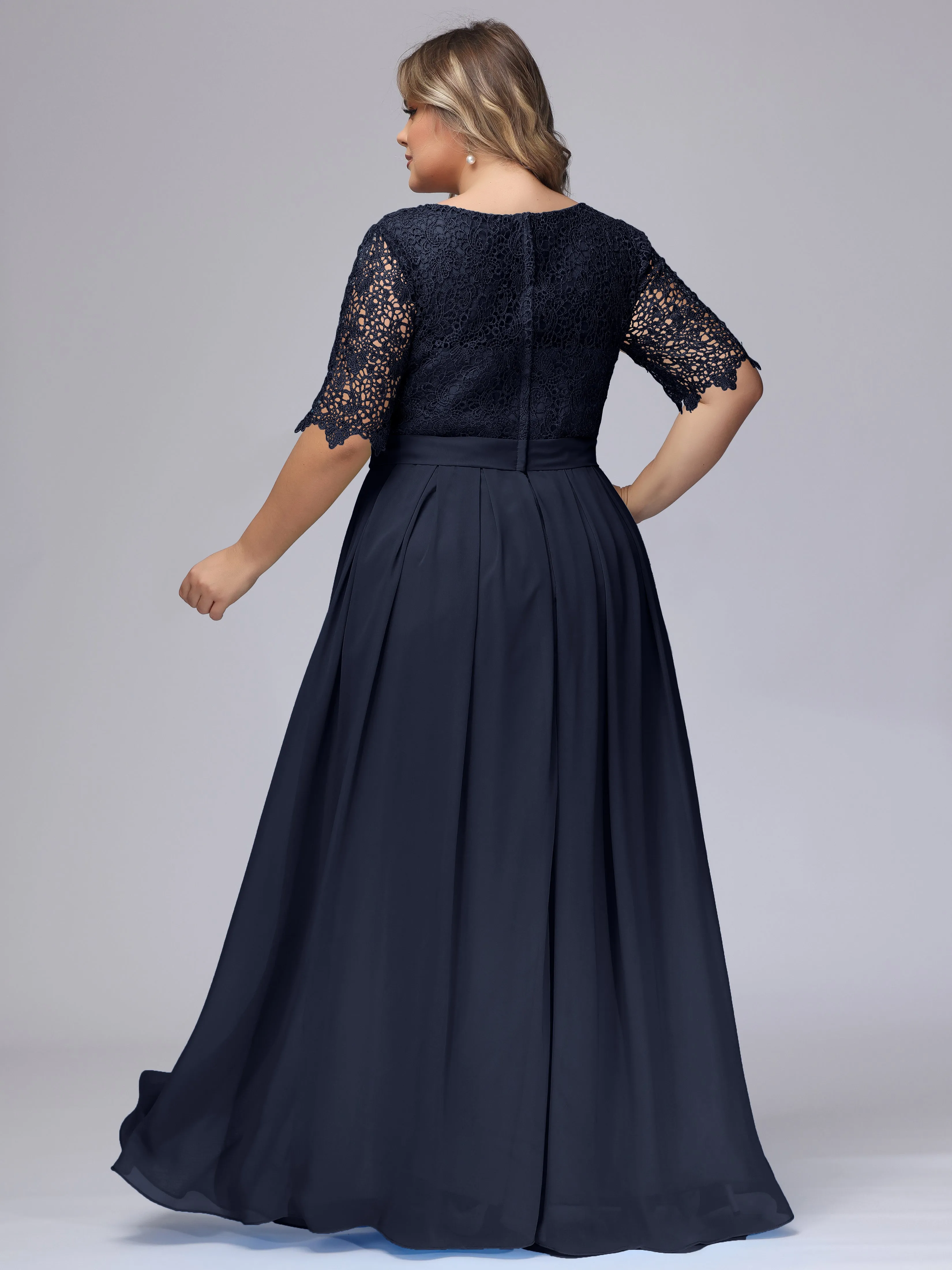 Half Sleeves Scoop Lace Long Plus Size Bridesmaid Dresses