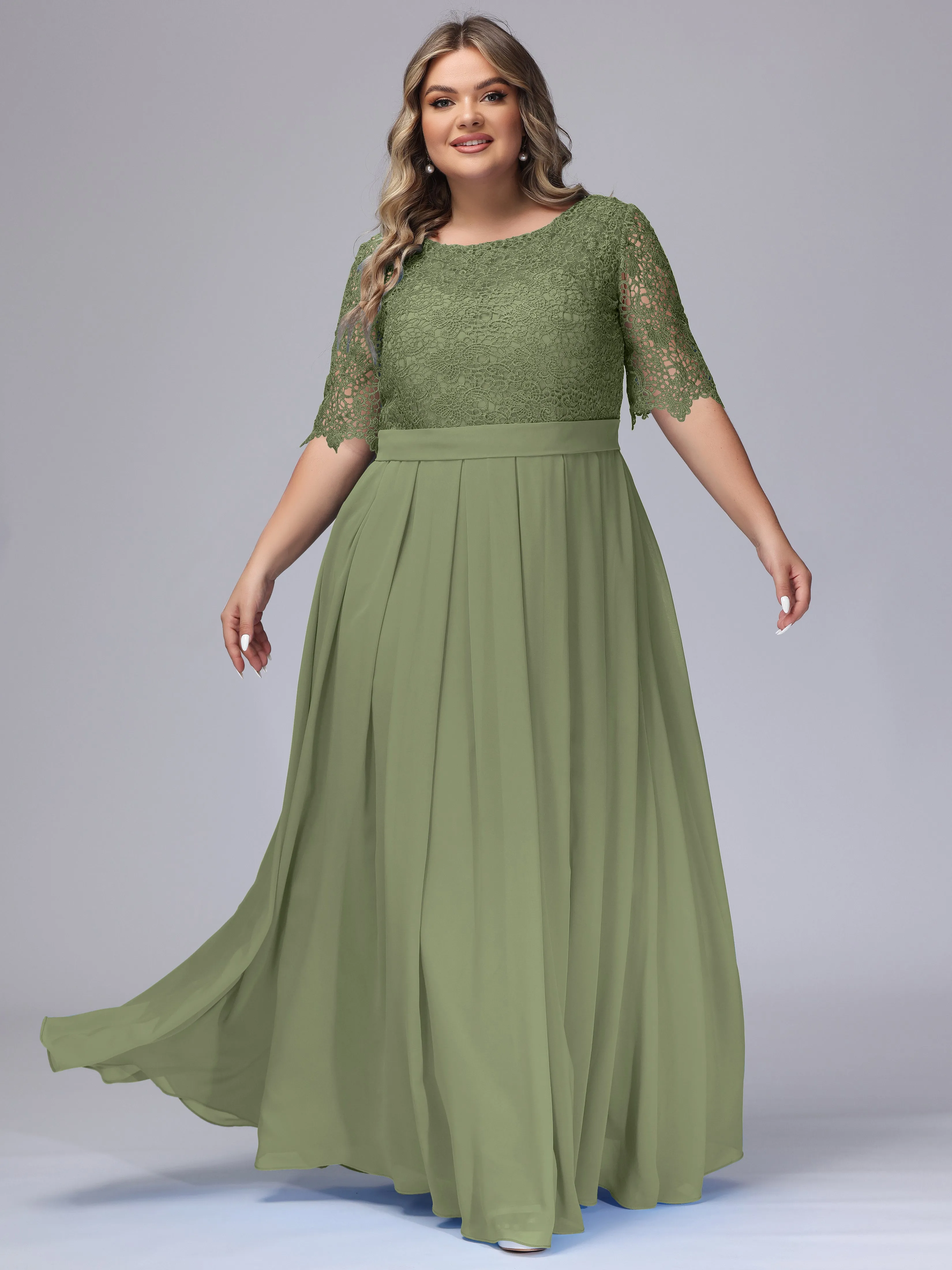 Half Sleeves Scoop Lace Long Plus Size Bridesmaid Dresses