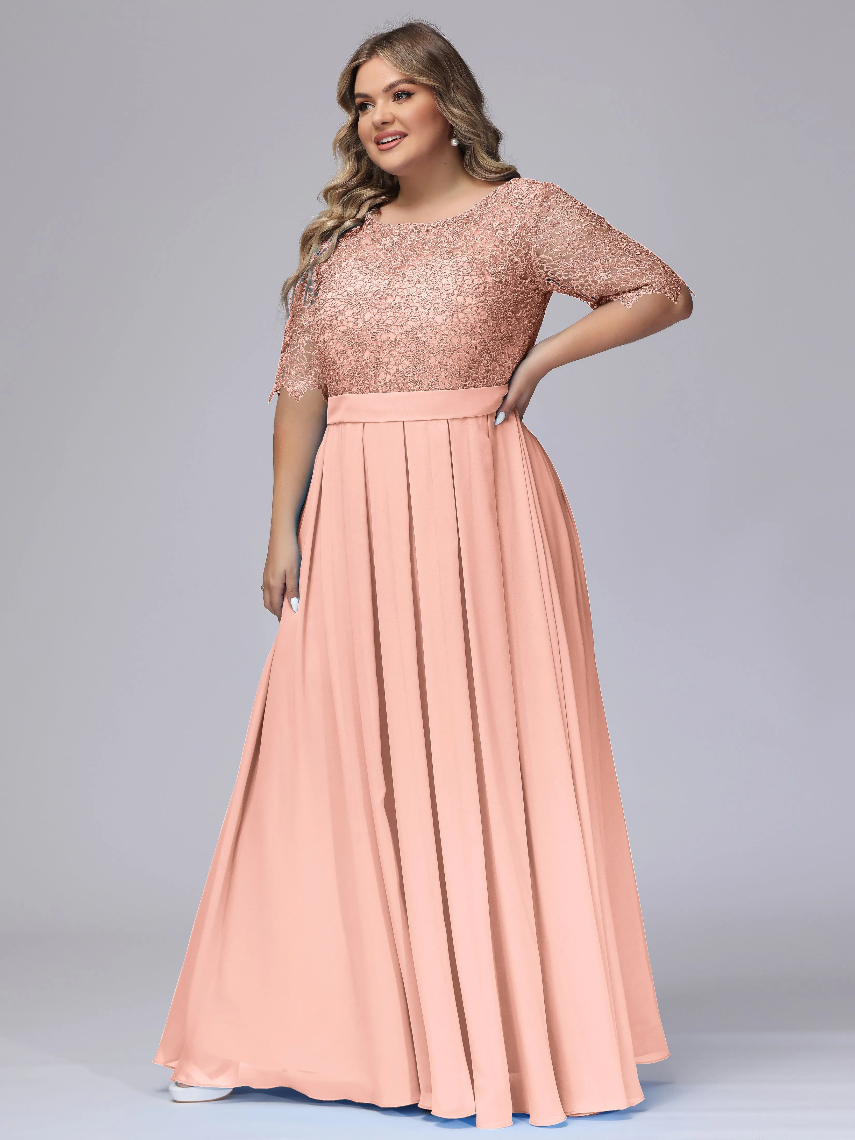 Half Sleeves Scoop Lace Long Plus Size Bridesmaid Dresses
