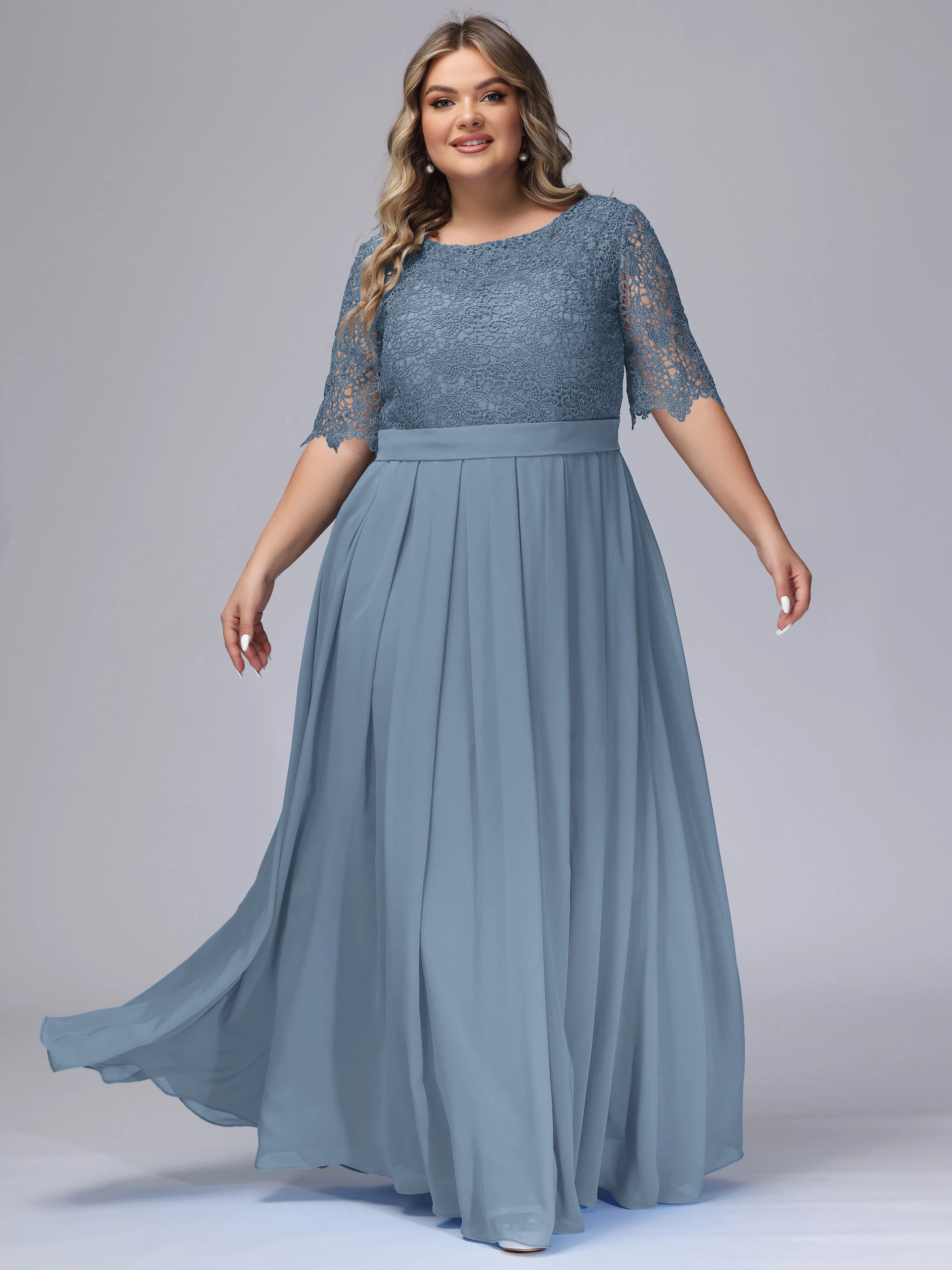 Half Sleeves Scoop Lace Long Plus Size Bridesmaid Dresses