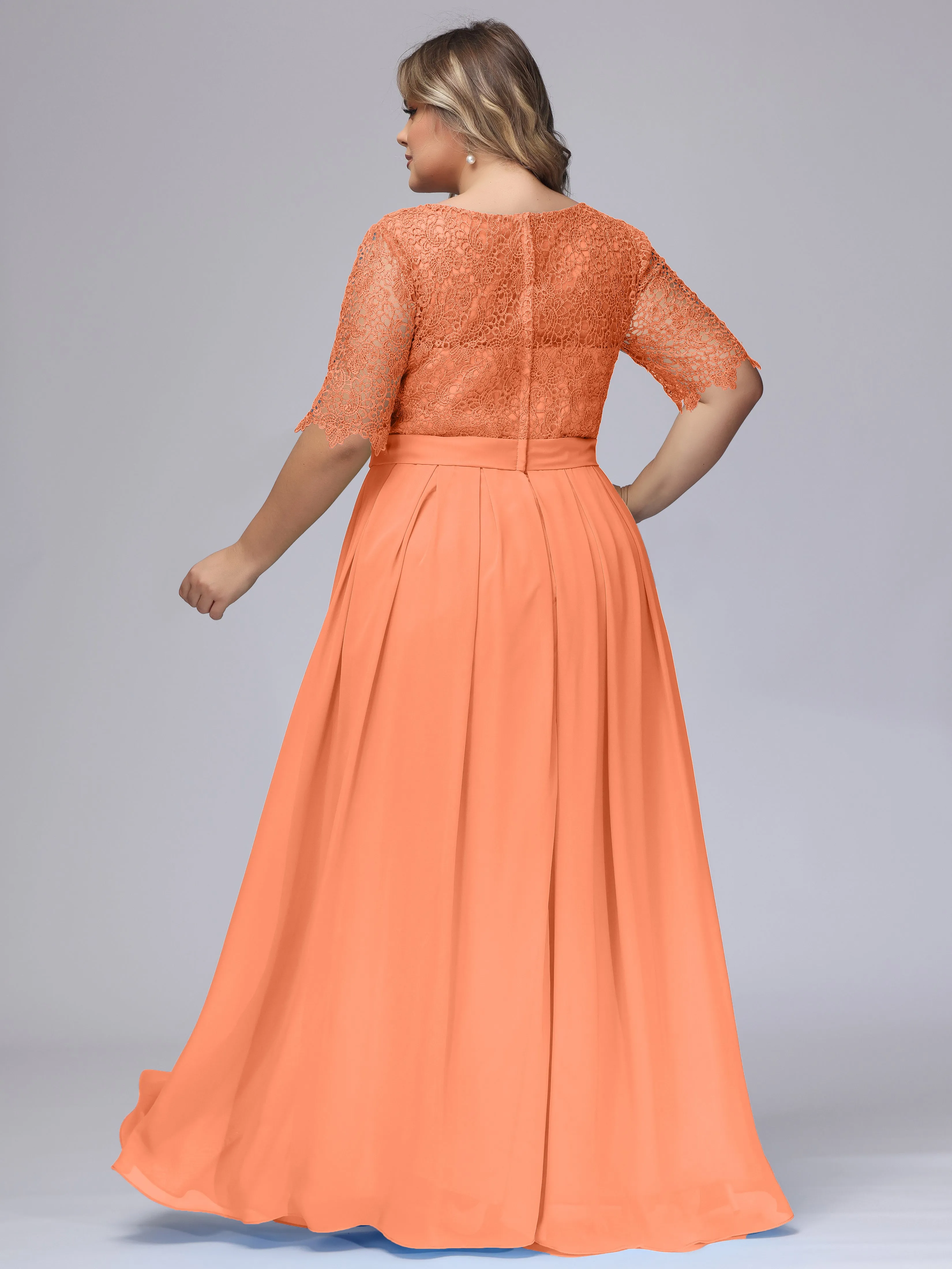 Half Sleeves Scoop Lace Long Plus Size Bridesmaid Dresses